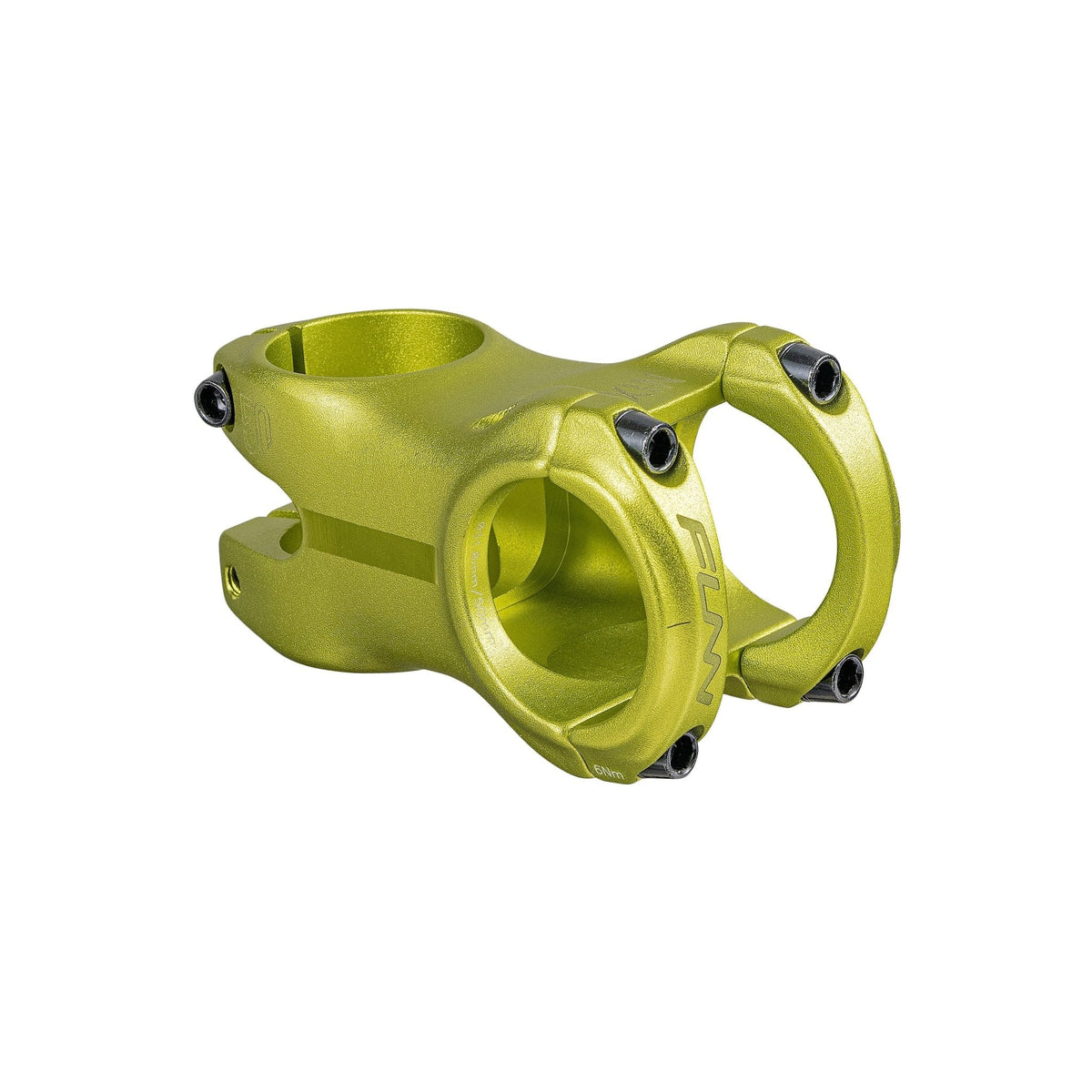 FUNN Nixie Stem in anodized lime green alloy, short mountain bike handlebar stem with four-bolt clamp design