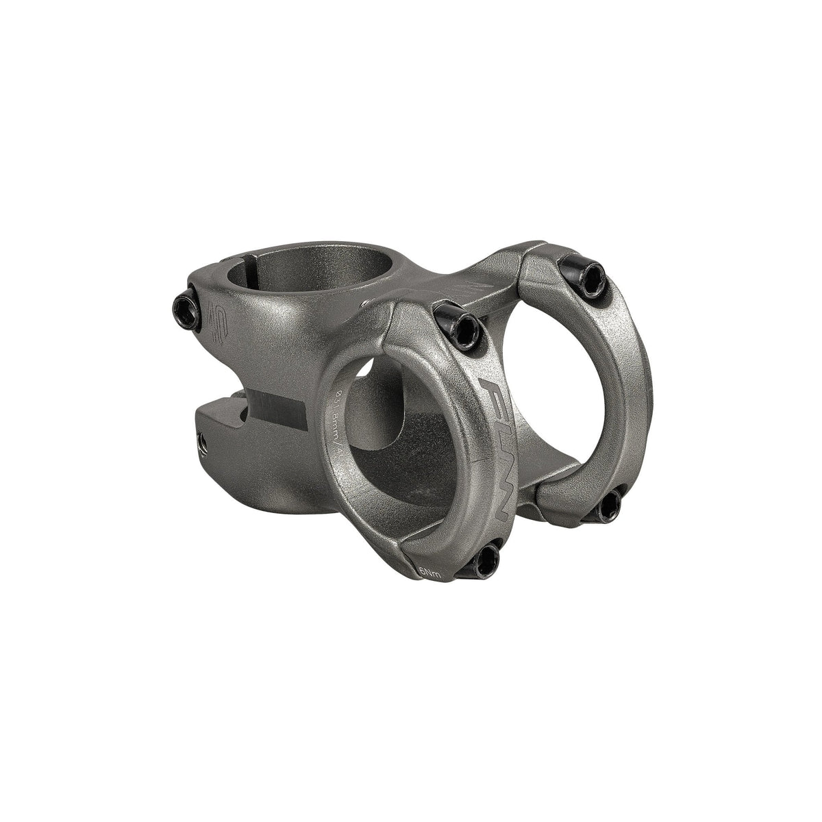 Silver FUNN Nixie Stem, short alloy mountain bike handlebar stem with dual clamp design and black steel bolts
