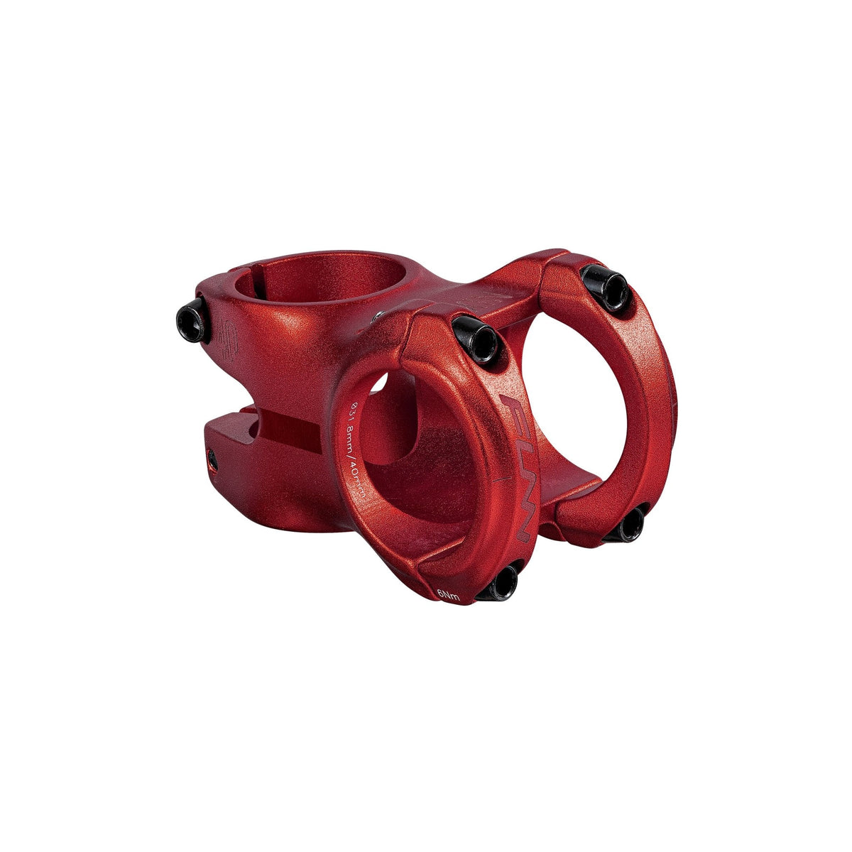 Red FUNN Nixie Stem, short alloy mountain bike handlebar stem with dual clamp design and black bolts for secure steering control