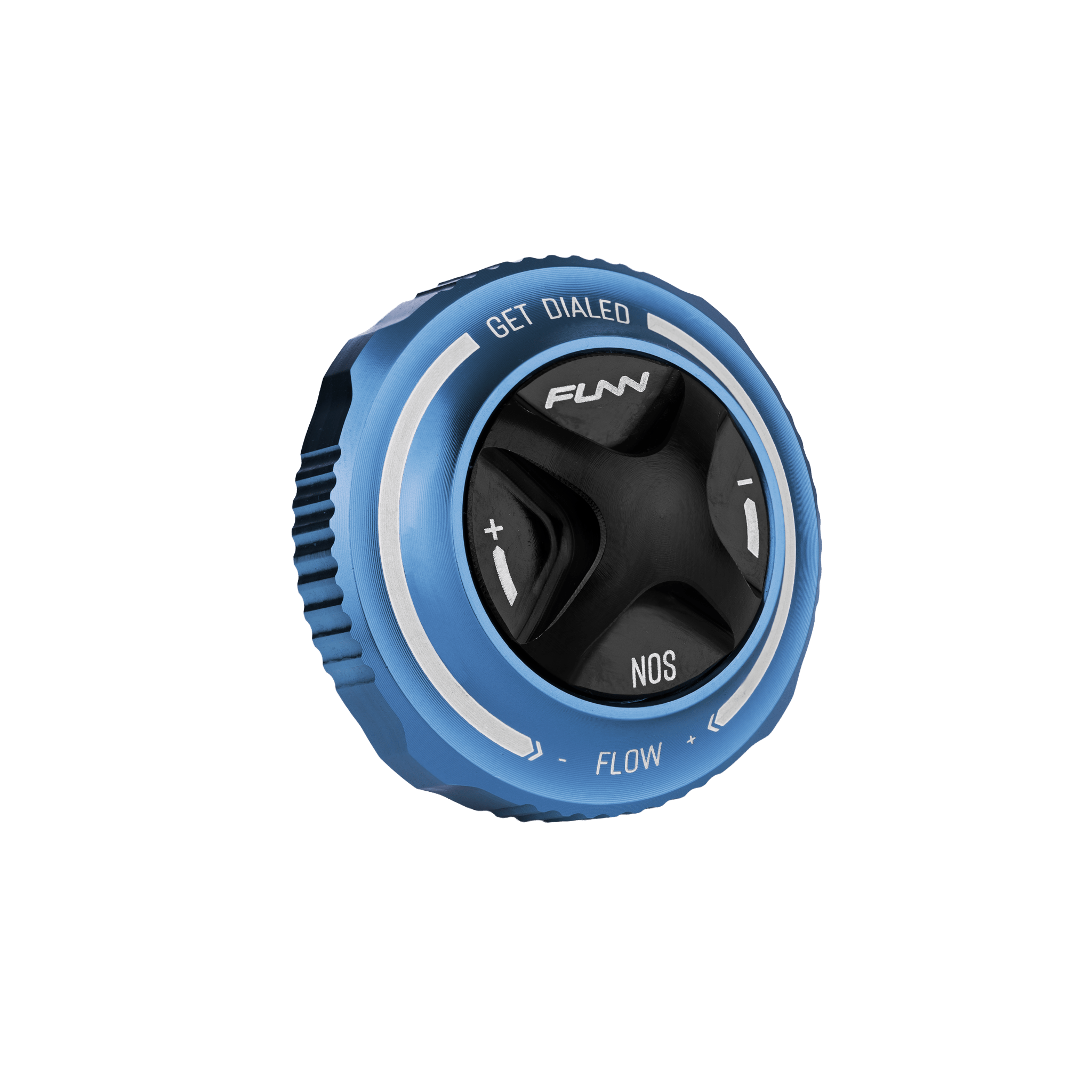 Funn mountain bike components - NOS Air Fork Valve Cap F-Type Blue in a white background.