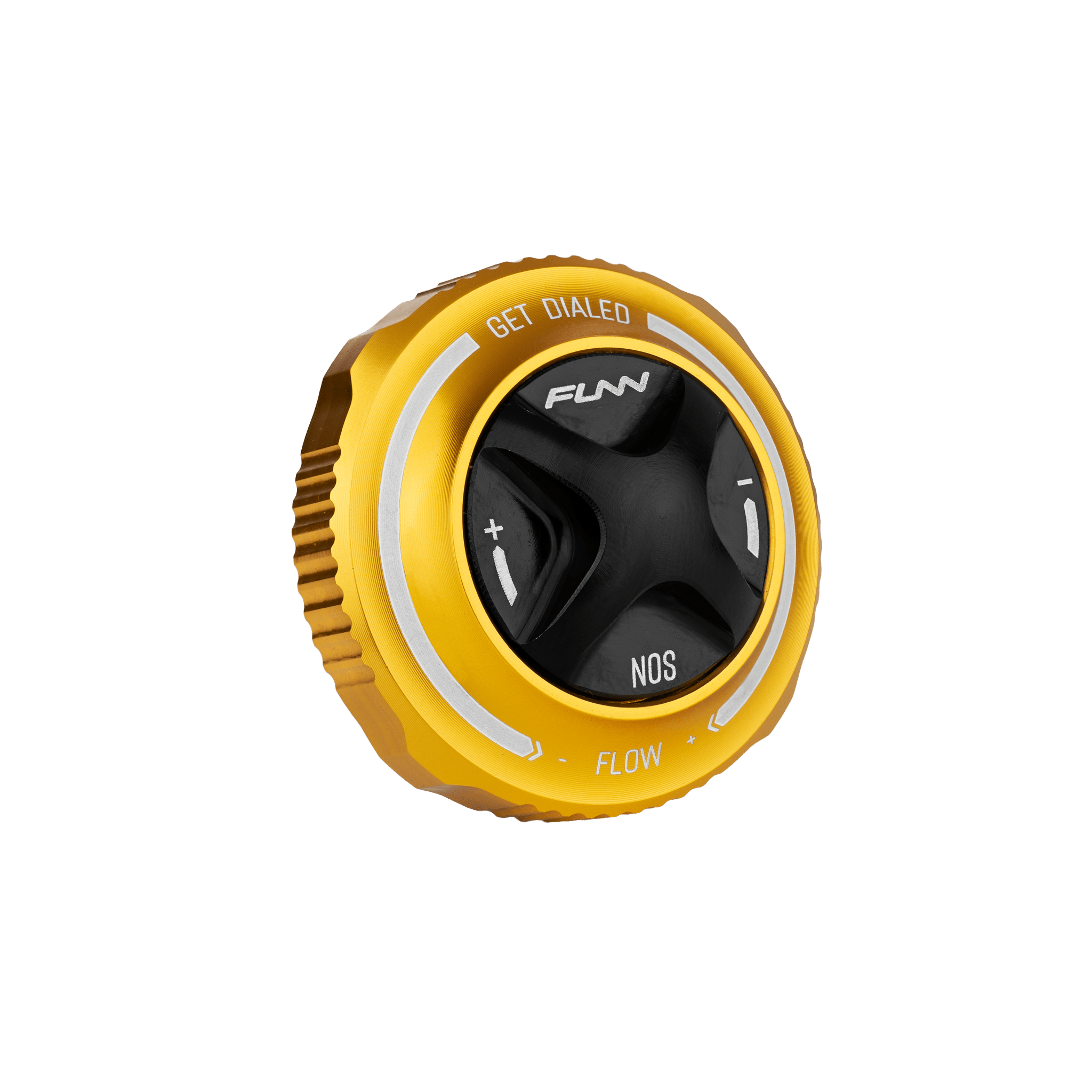 Funn mountain bike components - NOS Air Fork Valve Cap F-Type Gold in a white background.