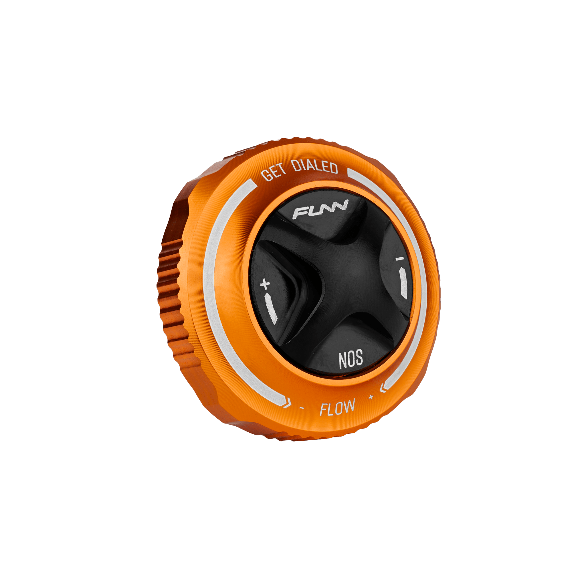 Funn mountain bike components - NOS Air Fork Valve Cap F-Type Orange in a white background.