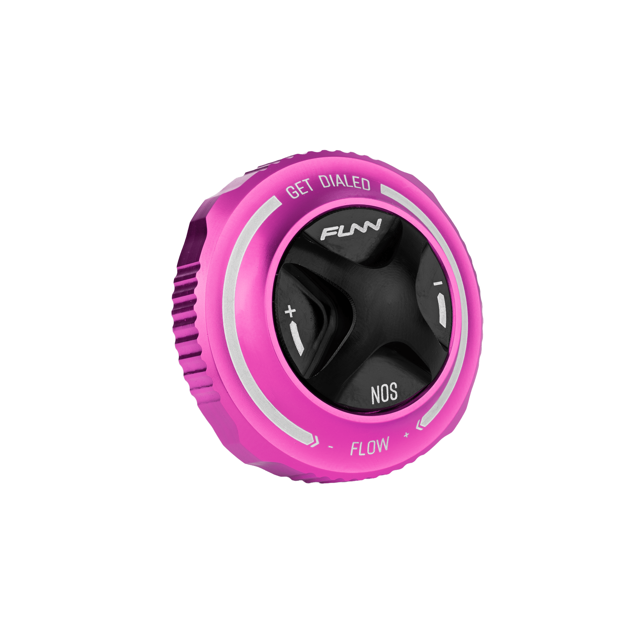 Funn mountain bike components - NOS Air Fork Valve Cap F-Type Pink in a white background.