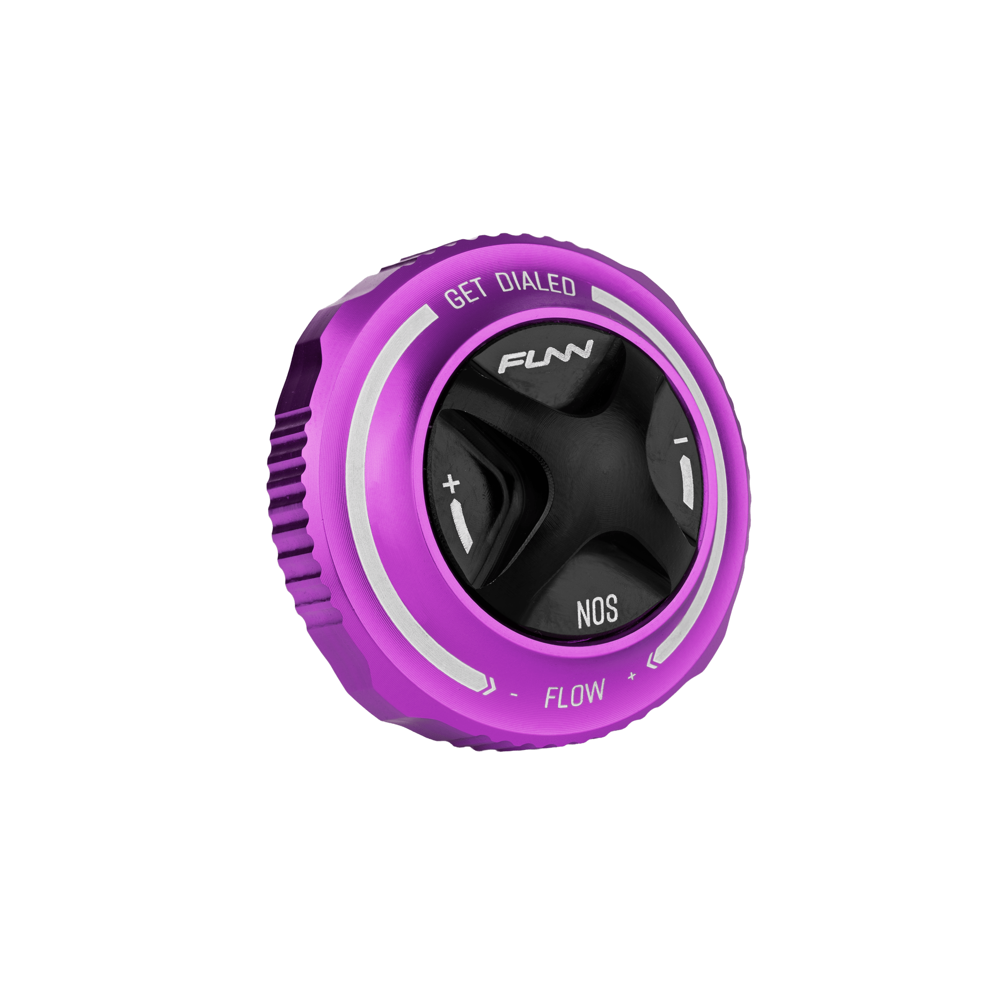 Funn mountain bike components - NOS Air Fork Valve Cap F-Type Purple in a white background.