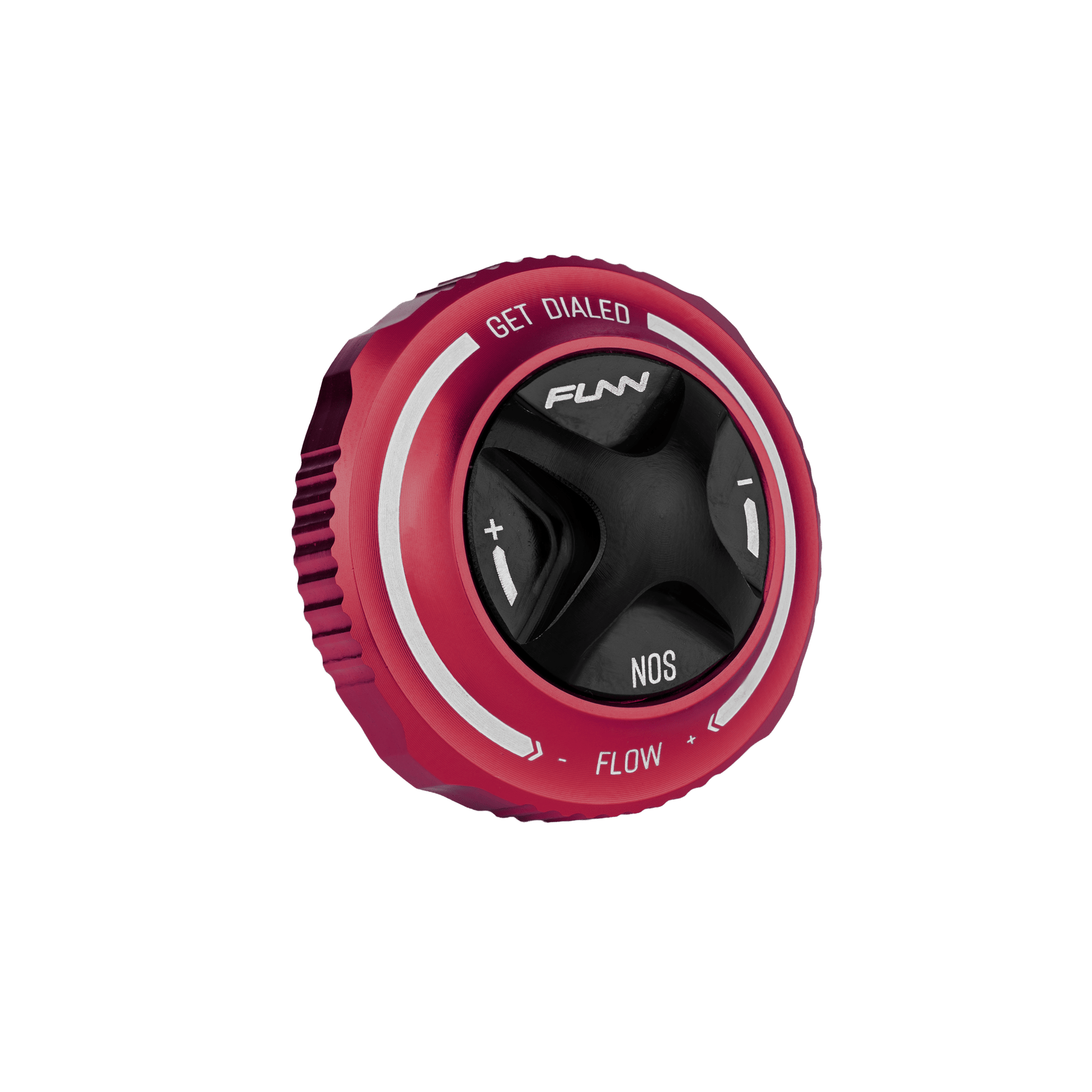 Funn mountain bike components - NOS Air Fork Valve Cap F-Type Red in a white background.