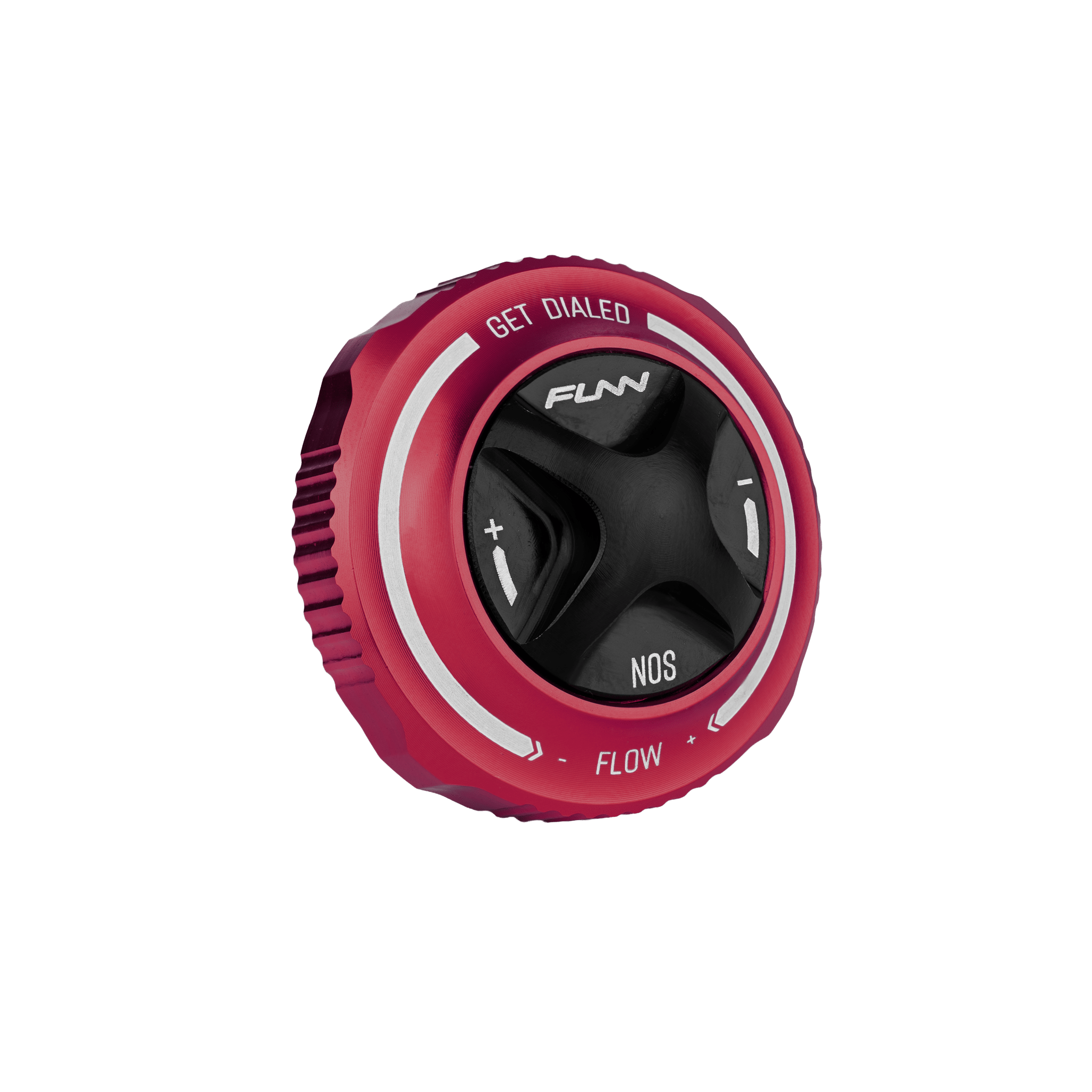 Funn mountain bike components - NOS Air Fork Valve Cap F-Type Red in a white background.