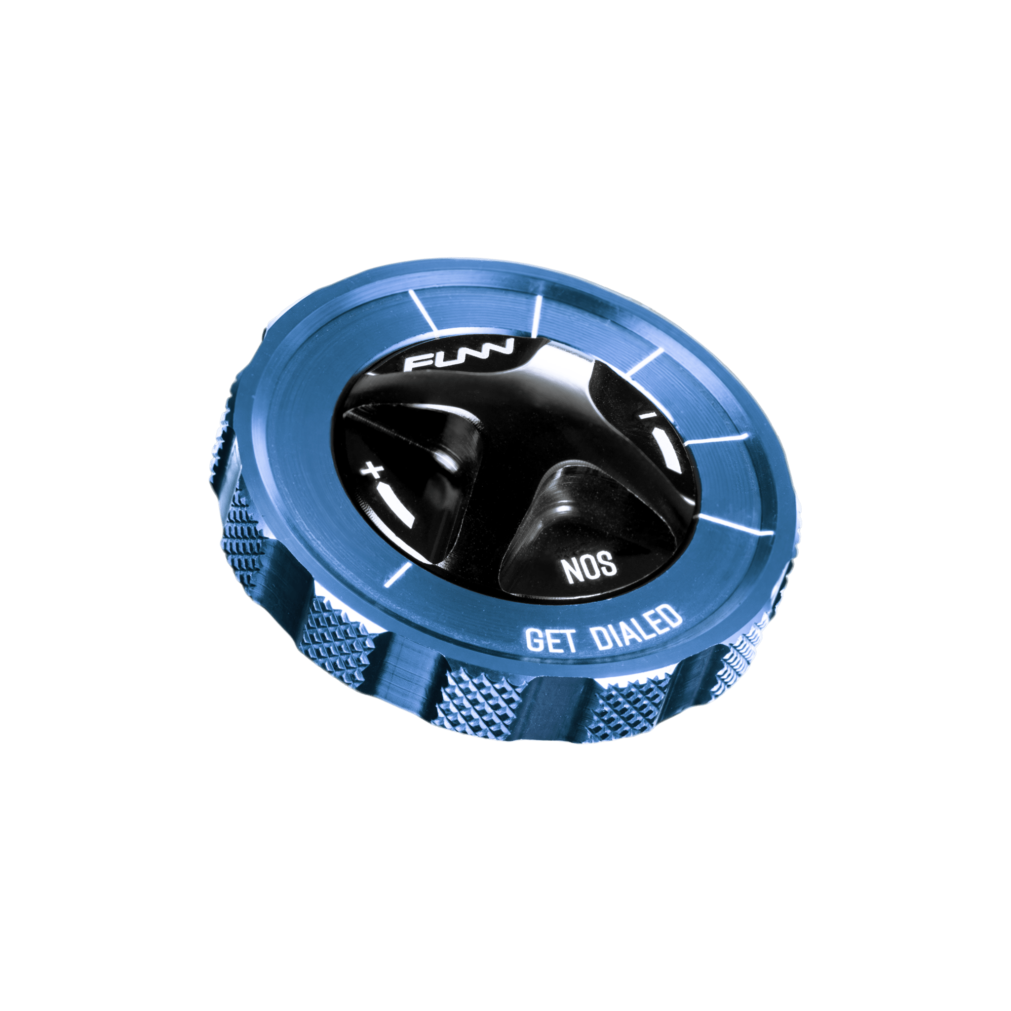 Funn mountain bike components - NOS Air Fork Valve Cap RS-Type Blue in a white background.