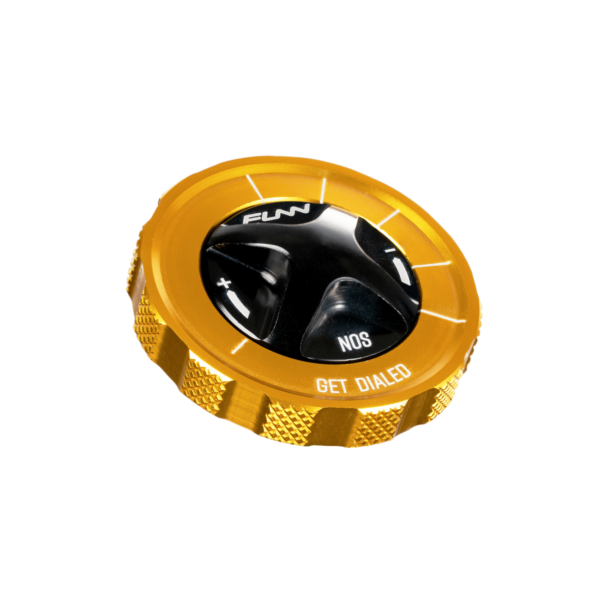 Funn mountain bike components - NOS Air Fork Valve Cap RS-Type Gold in a white background.