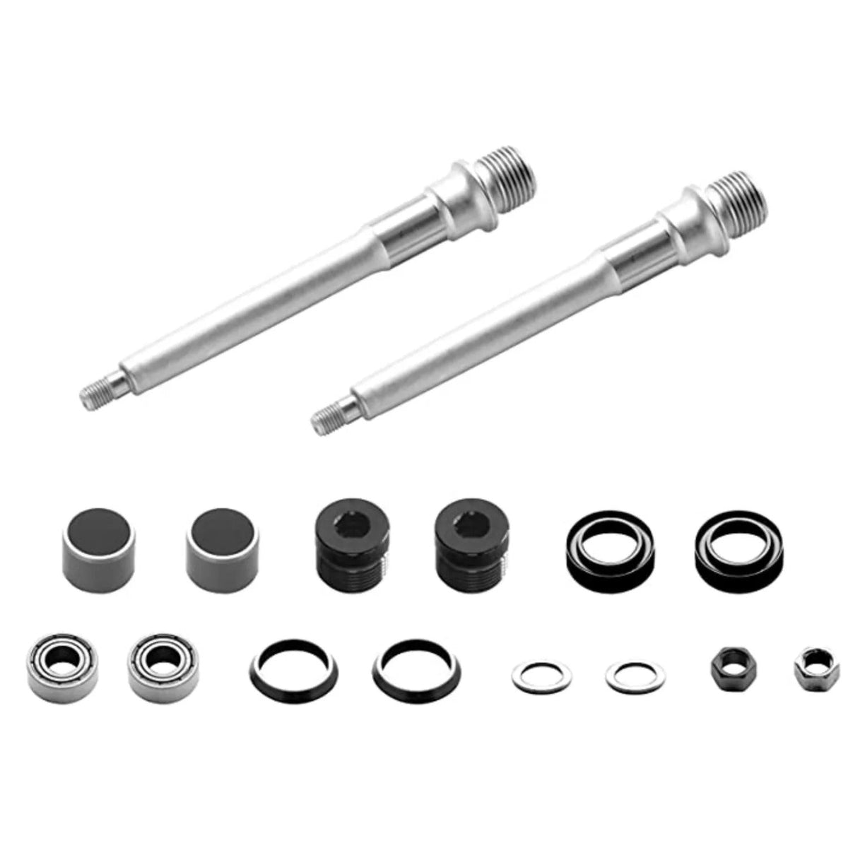 FUNN Mamba pedal axle and bearing kit, silver metal spindles with black and steel hardware replacement parts for bike pedals