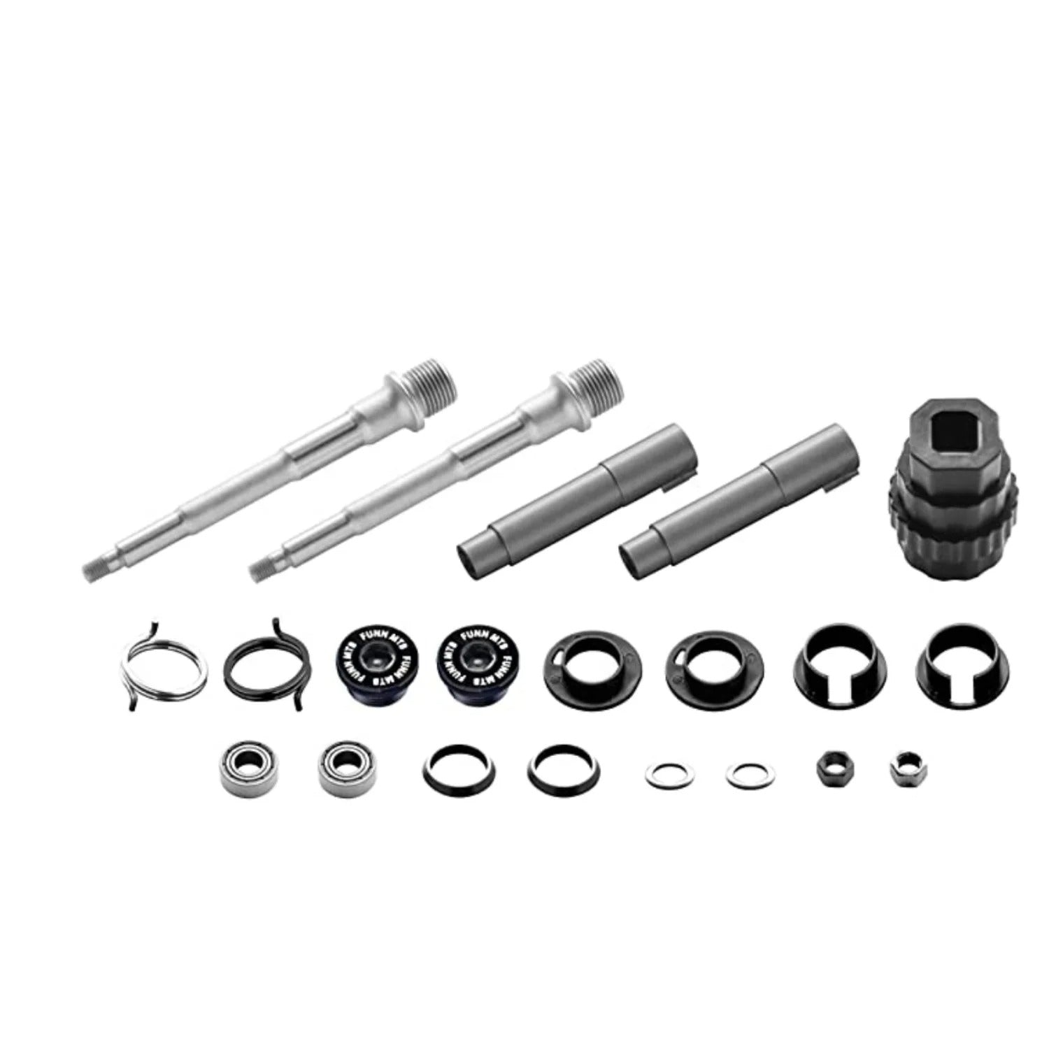 FUNN Ripper pedal axle replacement kit with silver steel axles, black spacers, bearings and hardware for bike pedal repair