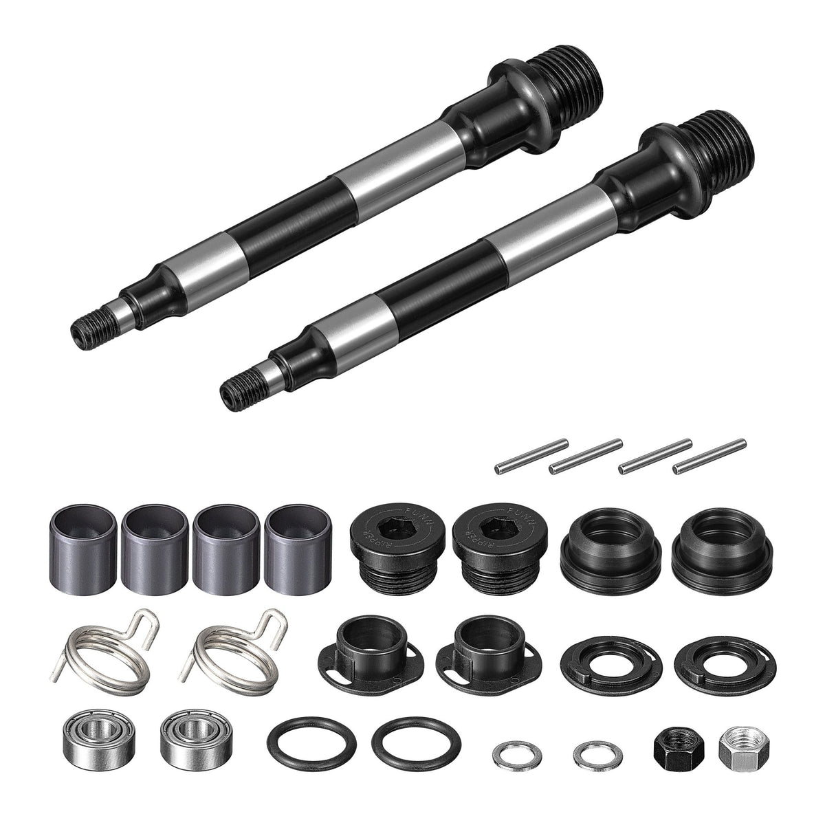 FUNN Ripper2 pedal axle replacement kit with black and silver metal axles, bearings, sleeves and hardware for bike pedals