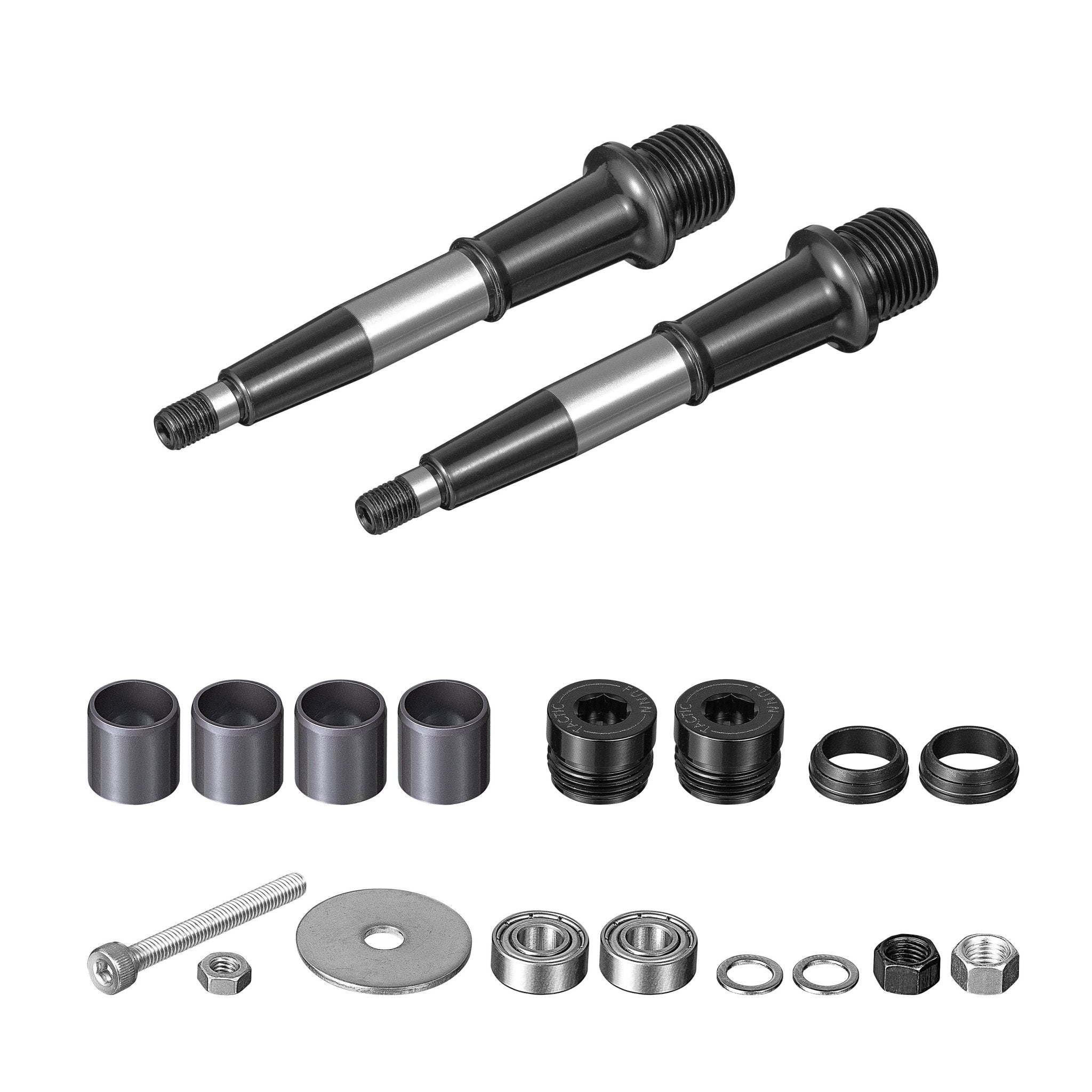 FUNN Tactic pedal axle replacement kit with black and silver steel axles, bushings, bearings, end caps and hardware