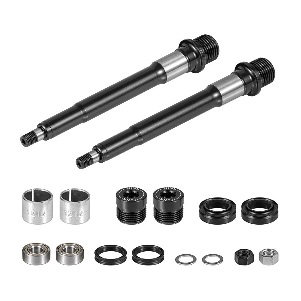 FUNN Taipan pedal axle replacement kit with black steel axles, bearings, spacers and end caps for bike pedal repair
