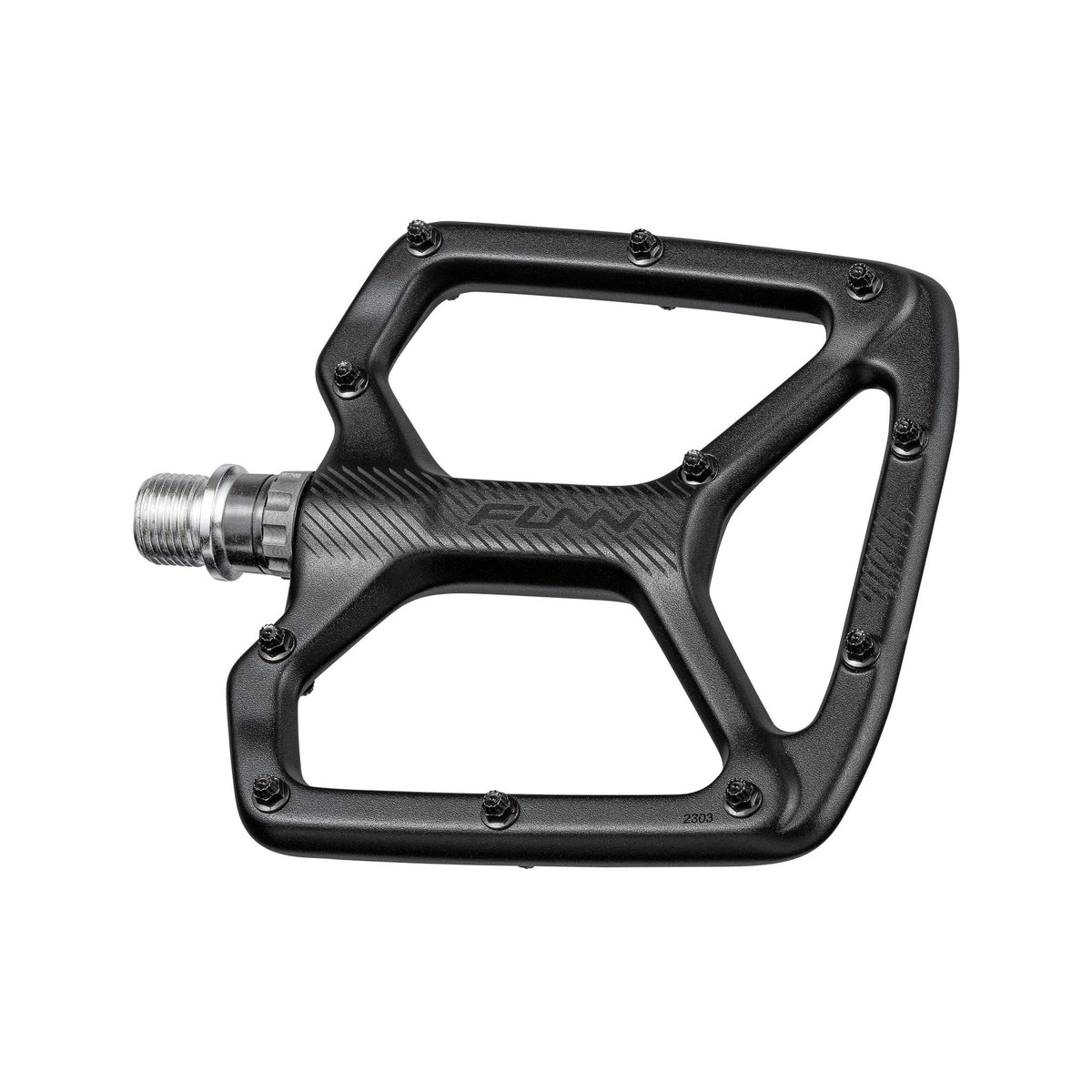 Black Funn Python flat pedal with wide alloy platform, traction pins and steel axle for MTB and BMX bikes