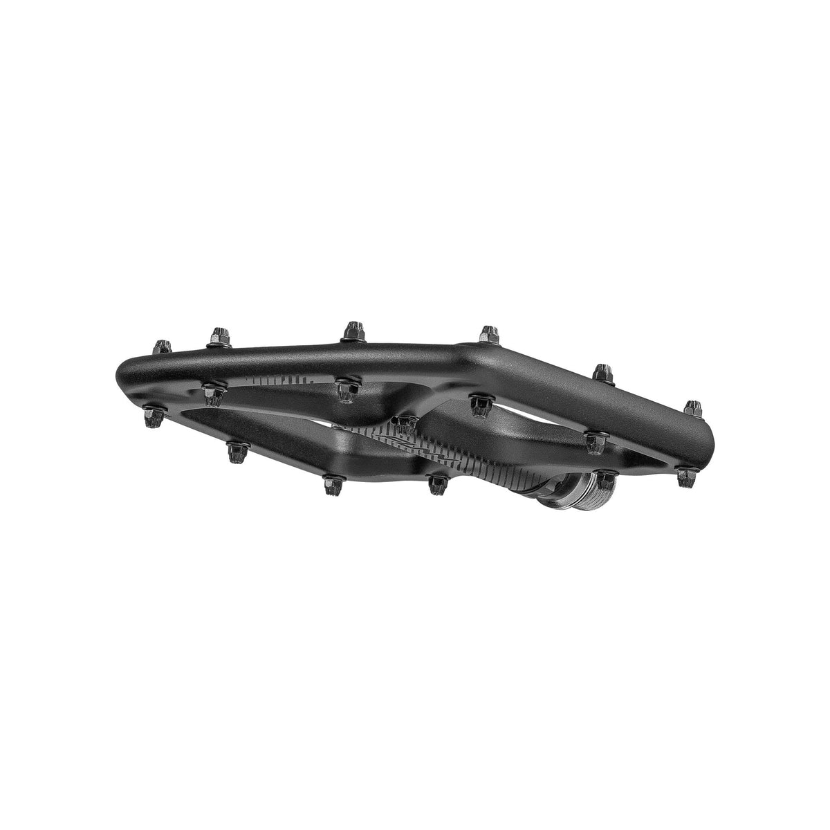 Funn Python Flat Pedals in black, slim alloy platform with metal traction pins for secure mountain bike grip