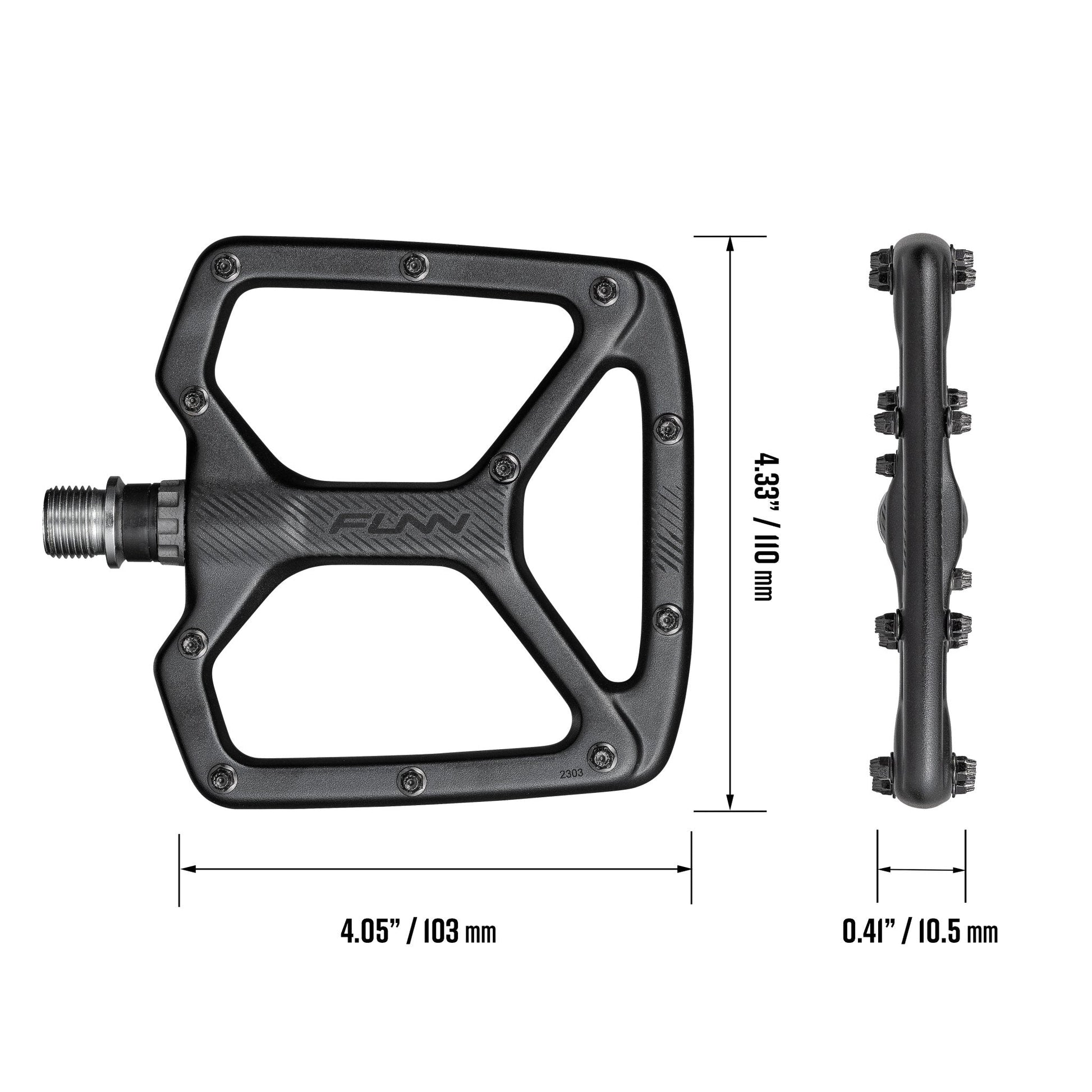 Funn mountain bike components - Python Flat Pedals Black in a white background.