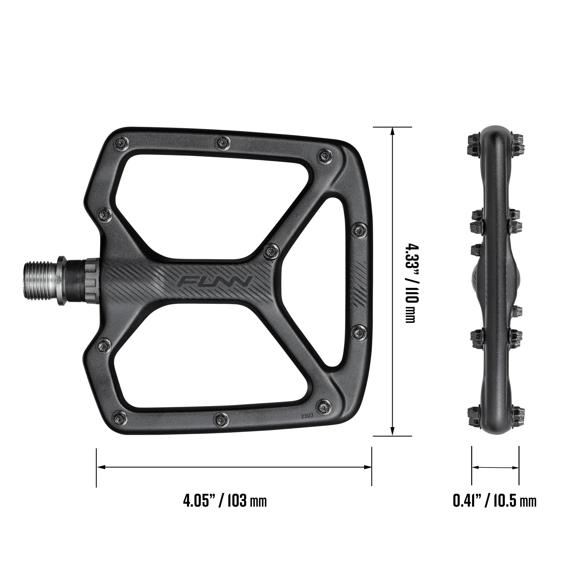 Black Funn Python flat pedals with wide aluminum platform, metal pins and dimensions shown for slim mountain bike grip