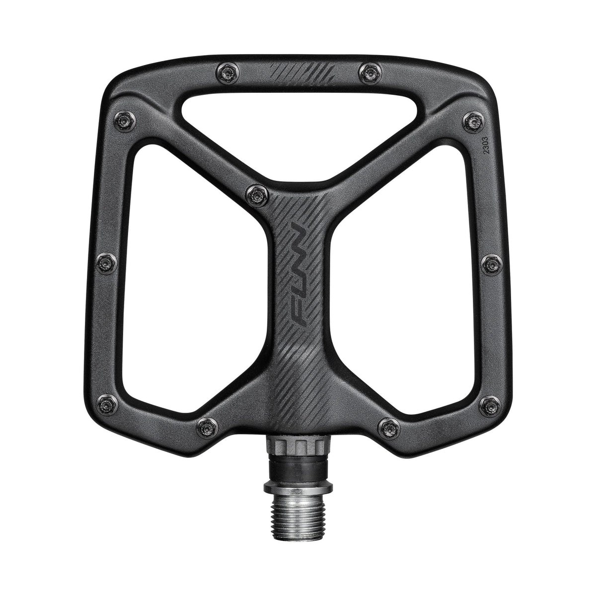 Funn Python Flat Pedals in black, wide aluminum platform with grip pins and steel axle for MTB and BMX bikes