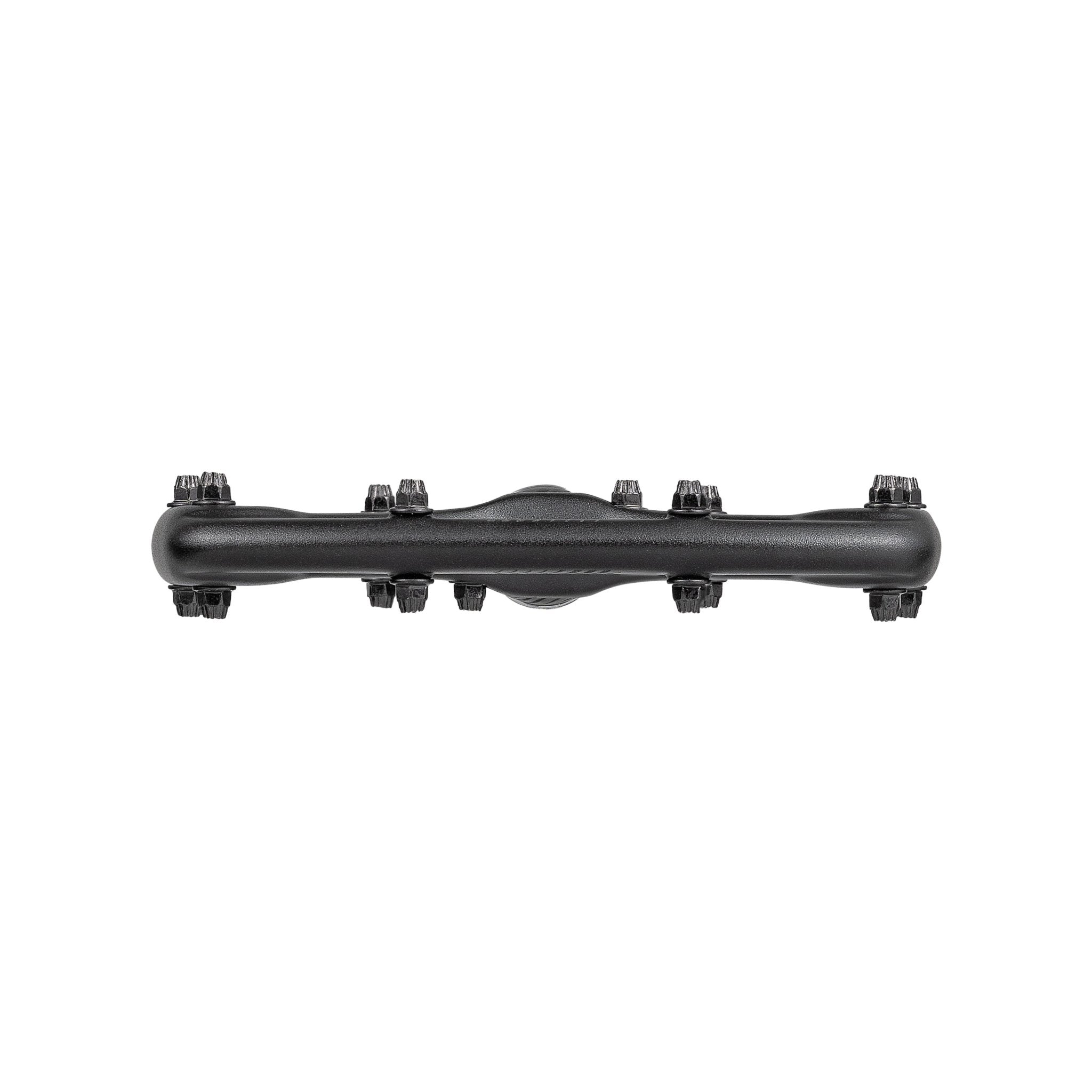 Black Funn Python Flat Pedals side view showing slim alloy platform with metal traction pins for MTB grip