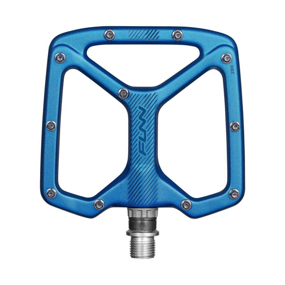 Blue lightweight aluminum Python Flat Pedals with wide platform, metal pins and durable axle for secure MTB cycling grip