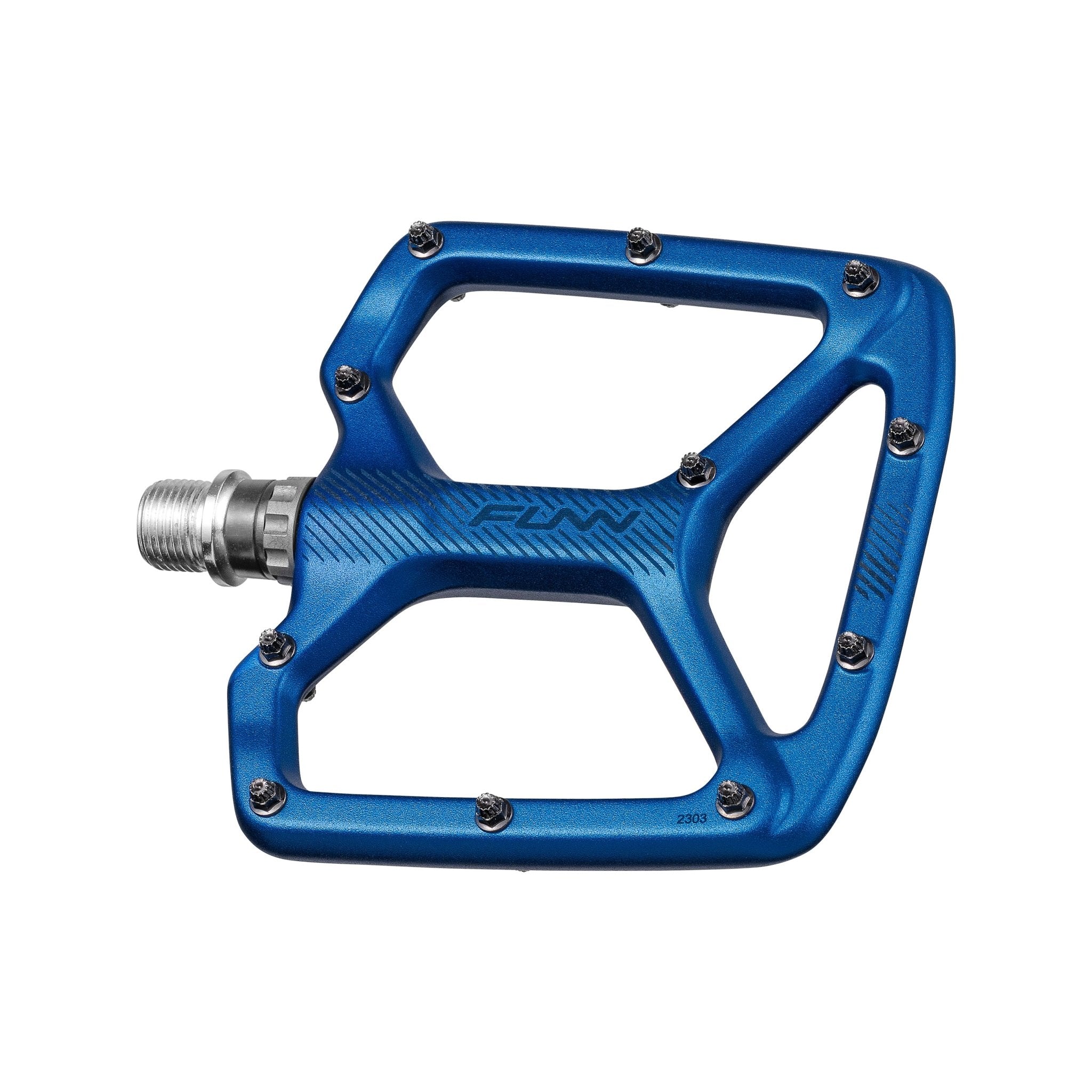 Blue lightweight aluminum Python Flat Pedals with wide platform, metal pins and durable axle for secure MTB cycling grip