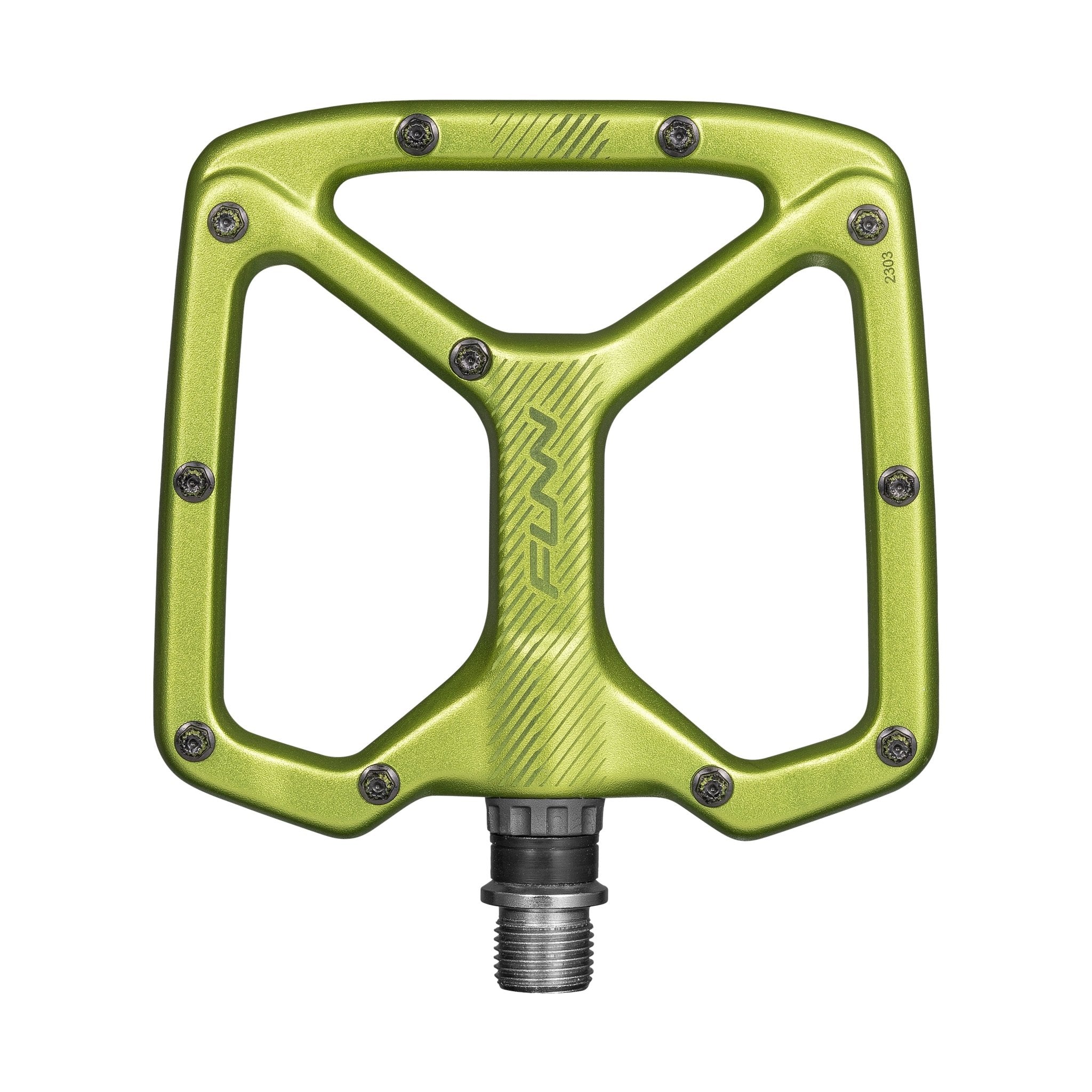 Green Python Flat Pedals with wide alloy platform, metal pins and slim profile for grippy mountain bike flat pedal performance