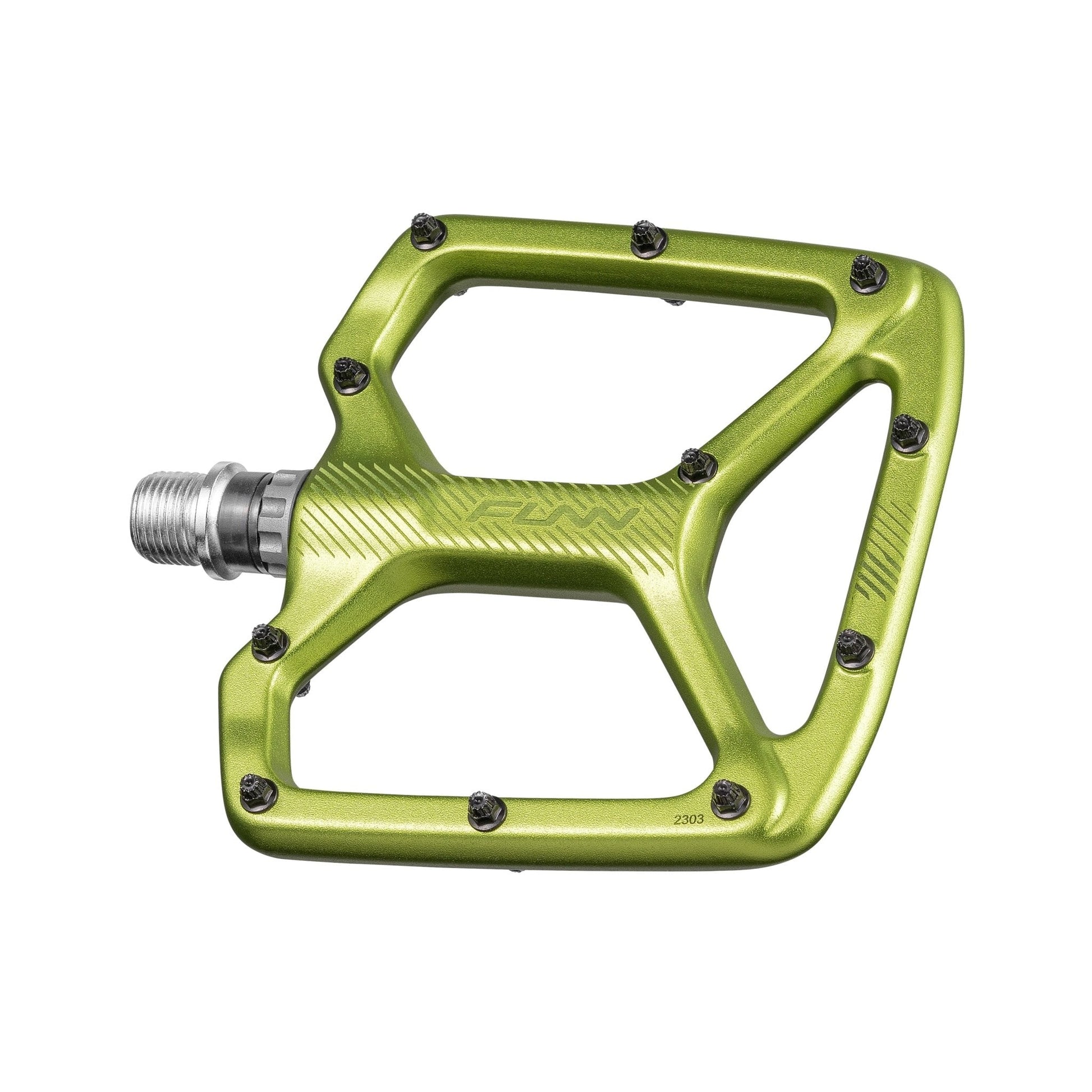 Funn mountain bike components - Python Flat Pedals Green in a white background.