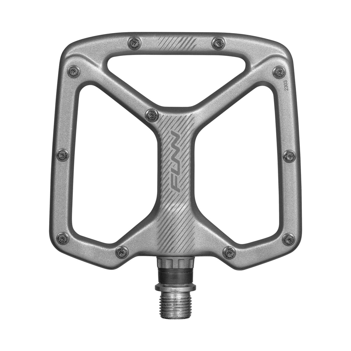 Grey Python flat pedal with wide aluminum platform, grip pins, and durable axle for MTB and BMX bike riders