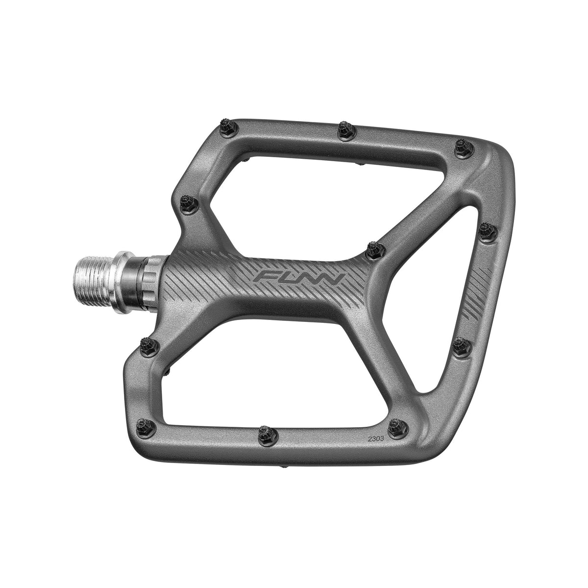 Grey Python flat pedal with wide aluminum platform, grip pins, and durable axle for MTB and BMX bike riders