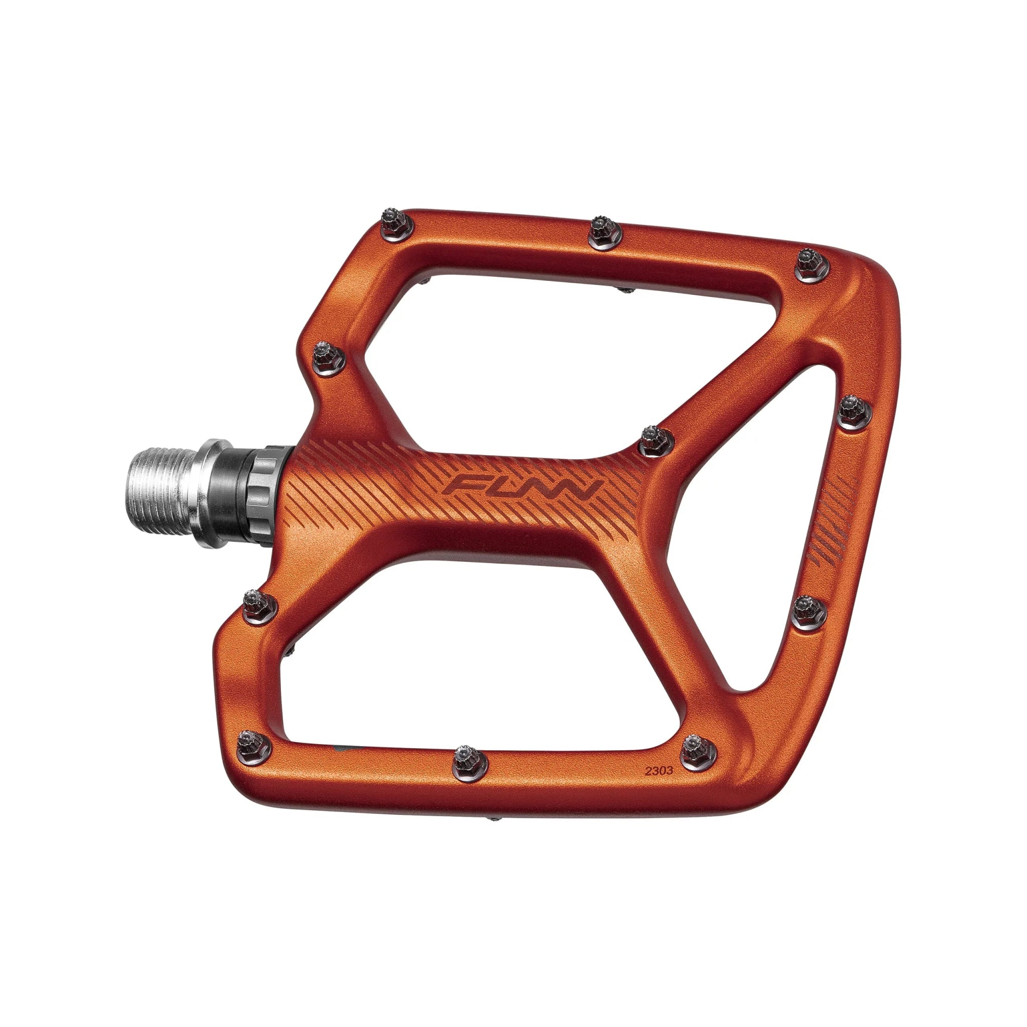 Orange aluminum Python flat pedal with wide platform, metal pins, and steel spindle for secure MTB cycling grip