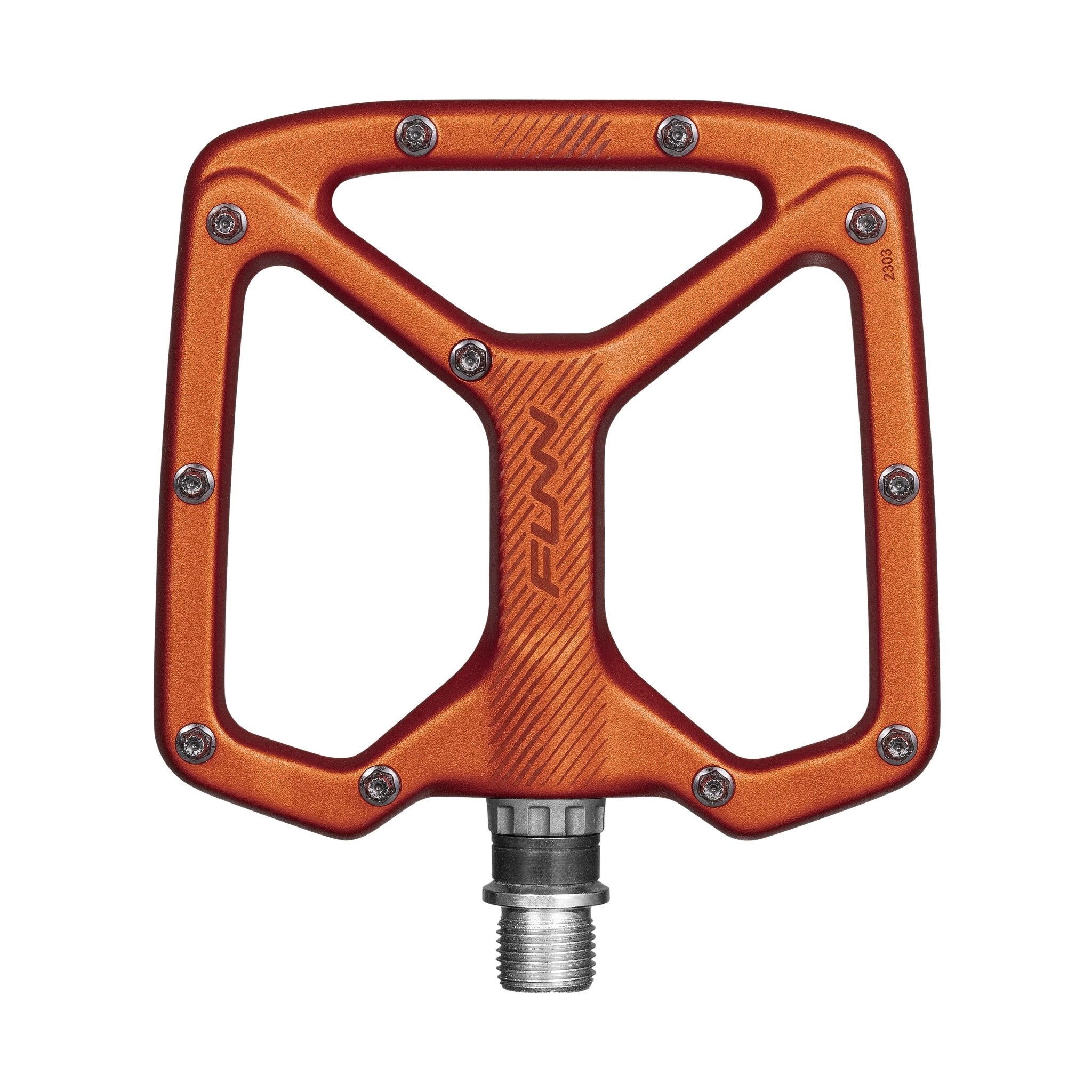 Orange aluminum Python flat pedal with wide platform, metal pins, and steel spindle for secure MTB cycling grip
