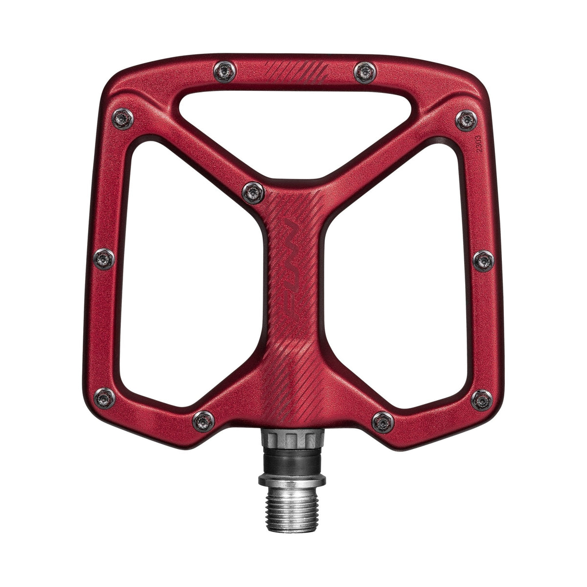 Red Funn Python Flat Pedals with wide aluminum platform, traction pins and steel axle for mountain bike grip and control