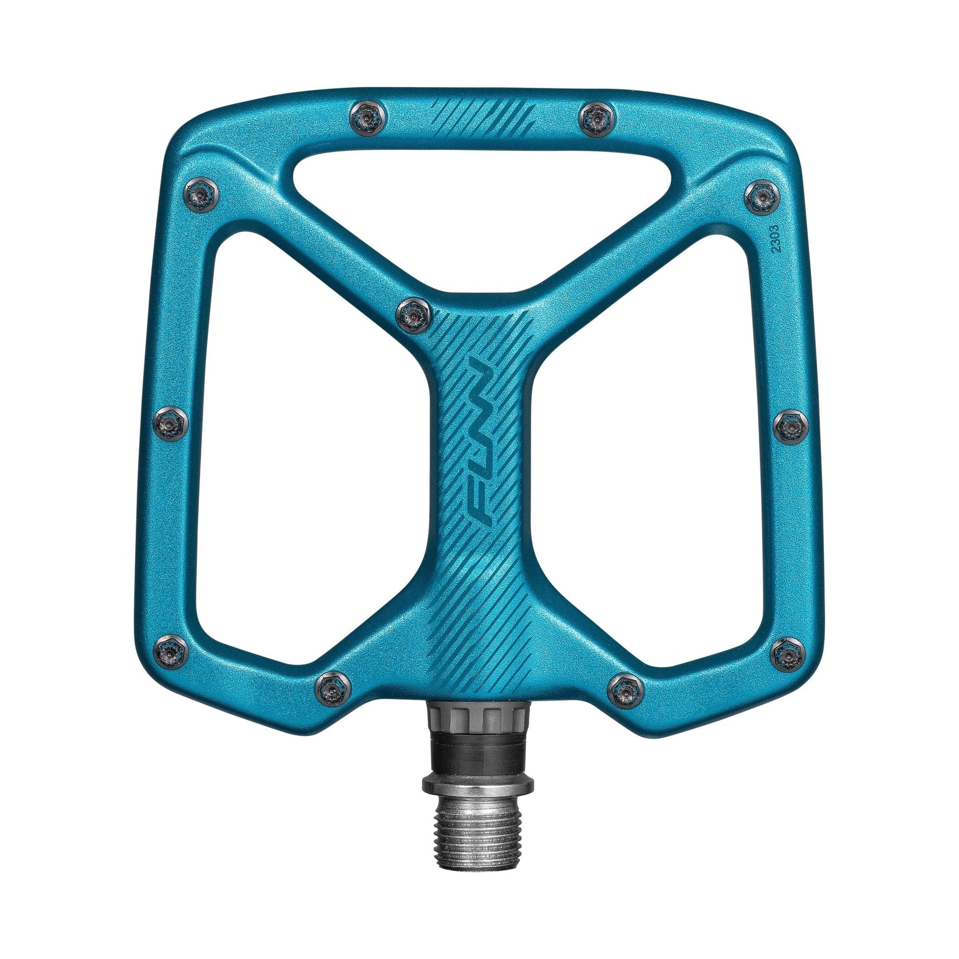 Funn mountain bike components - Python Flat Pedals Turquoise in a white background.