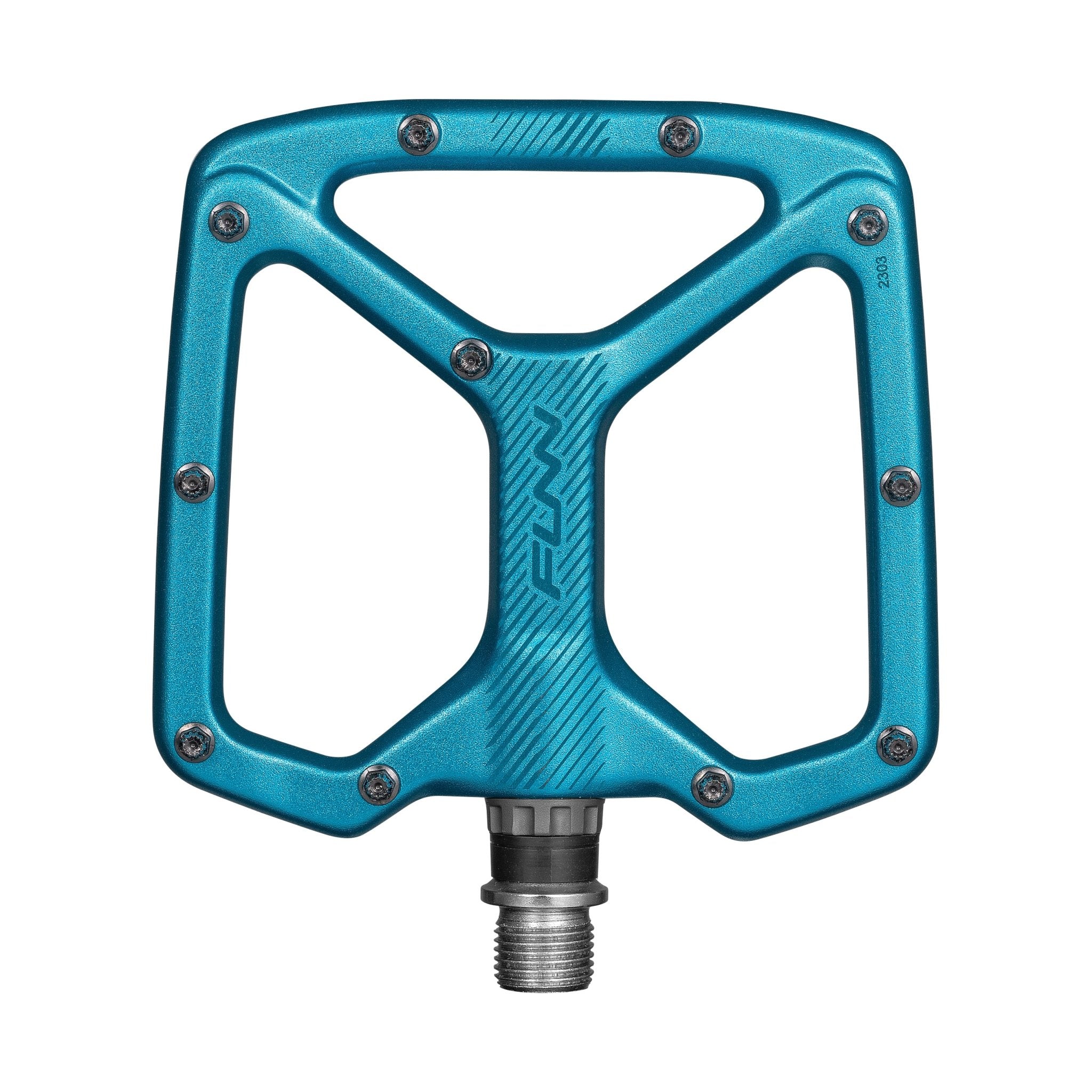 Funn Python Flat Pedals in teal alloy, wide platform with replaceable traction pins for secure mountain bike grip
