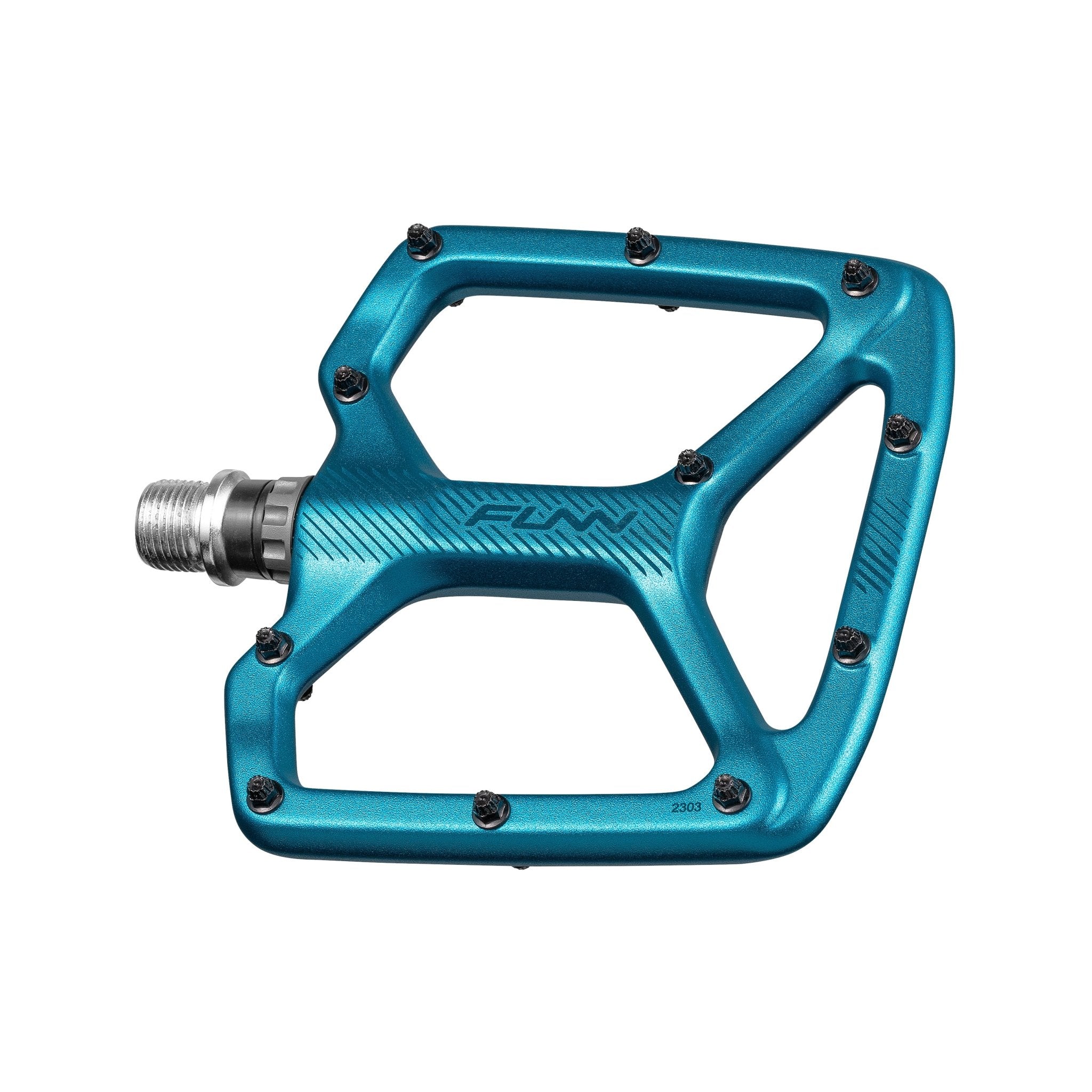 Funn Python Flat Pedals in teal alloy, wide platform with replaceable traction pins for secure mountain bike grip