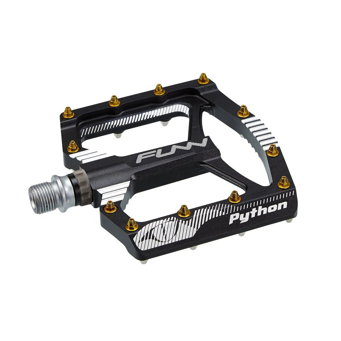 Funn mountain bike components - Python Gen1 Flat Pedals Black in a white background.