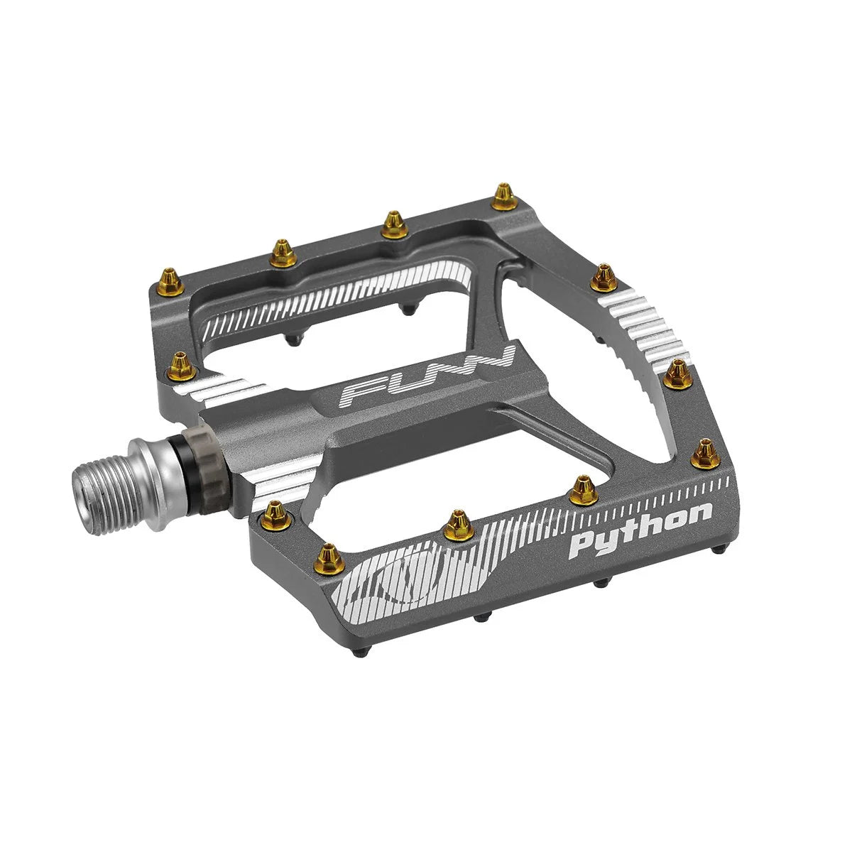 Funn mountain bike components - Python Gen1 Flat Pedals Grey in a white background.