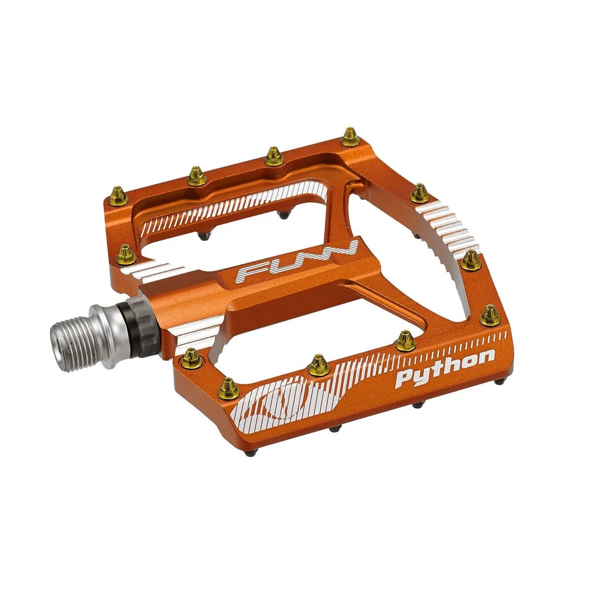 Funn mountain bike components - Python Gen1 Flat Pedals Orange in a white background.