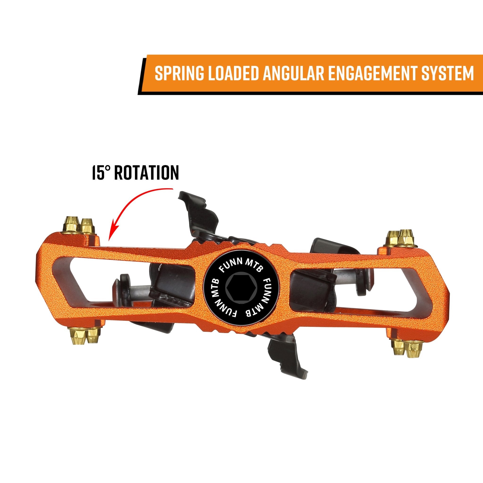 FUNN Ripper Clip-In Pedals, orange SPD-compatible MTB pedals with spring-loaded angular engagement and 15-degree rotation