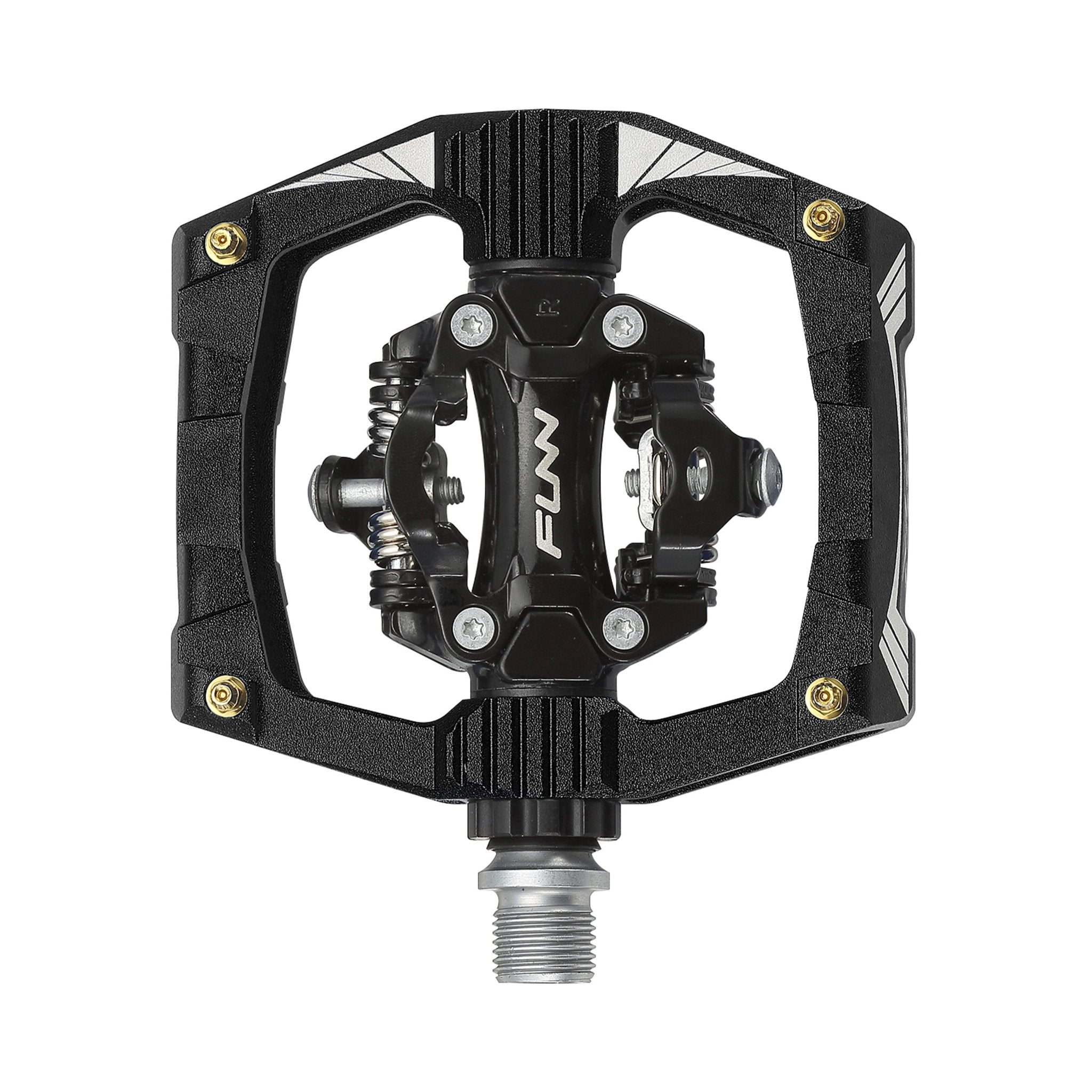 Funn mountain bike components - Ripper Clipless Pedals Black in a white background.