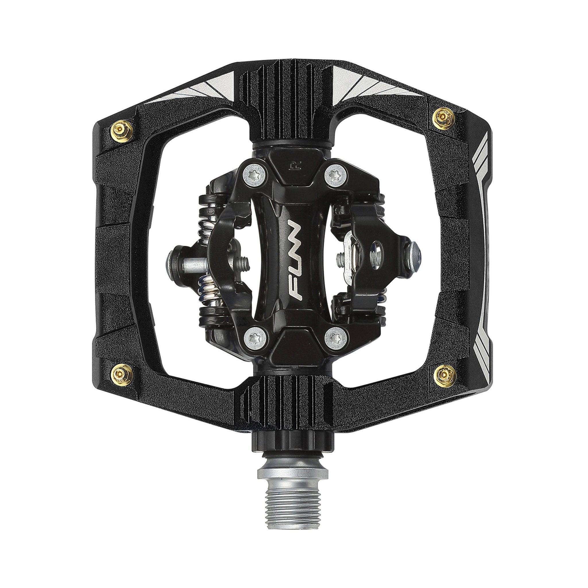 FUNN Ripper Clip-In Pedals, black alloy SPD platform pedal with dual-sided clip mechanism and gold traction pins