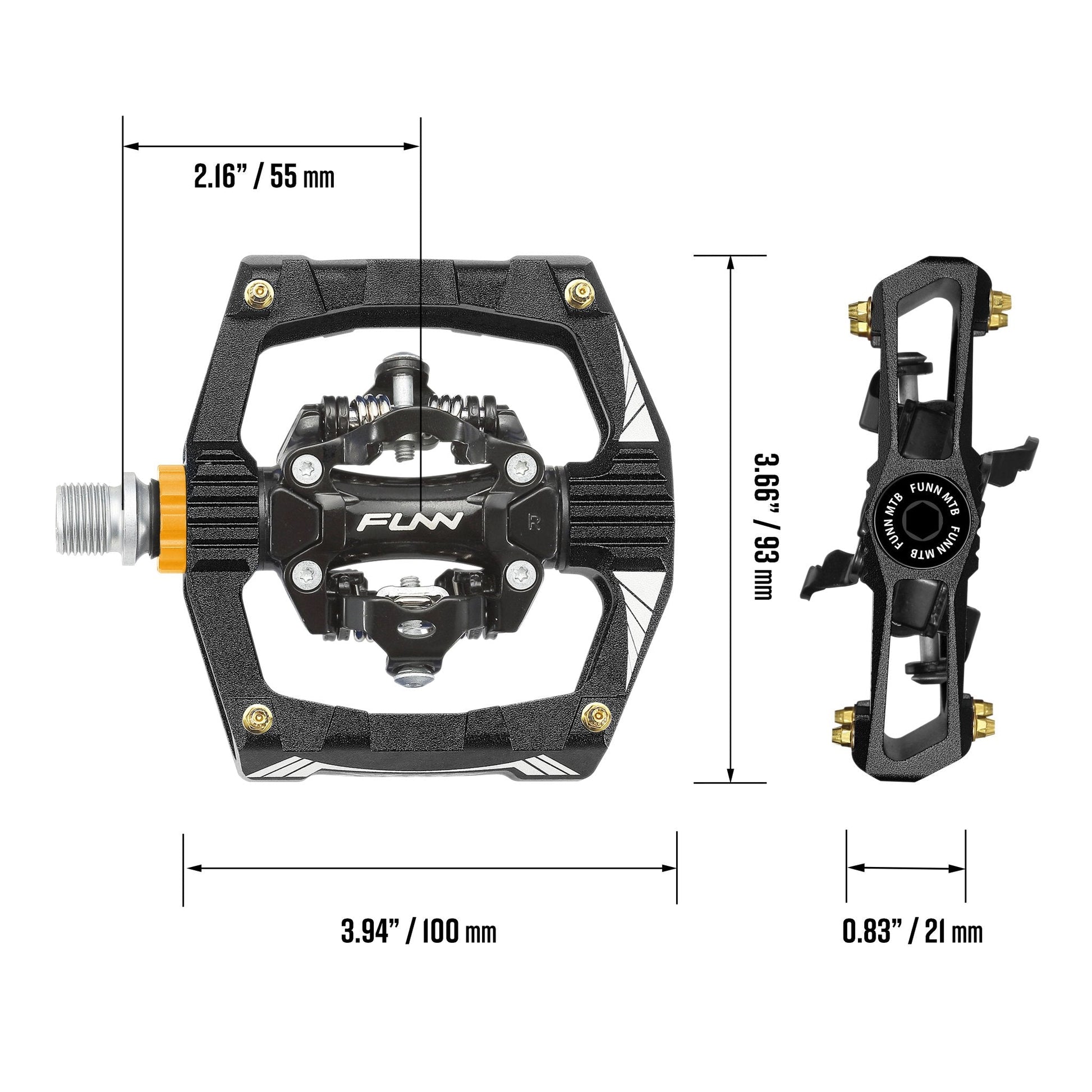 Funn mountain bike components - Ripper Clipless Pedals Black in a white background.