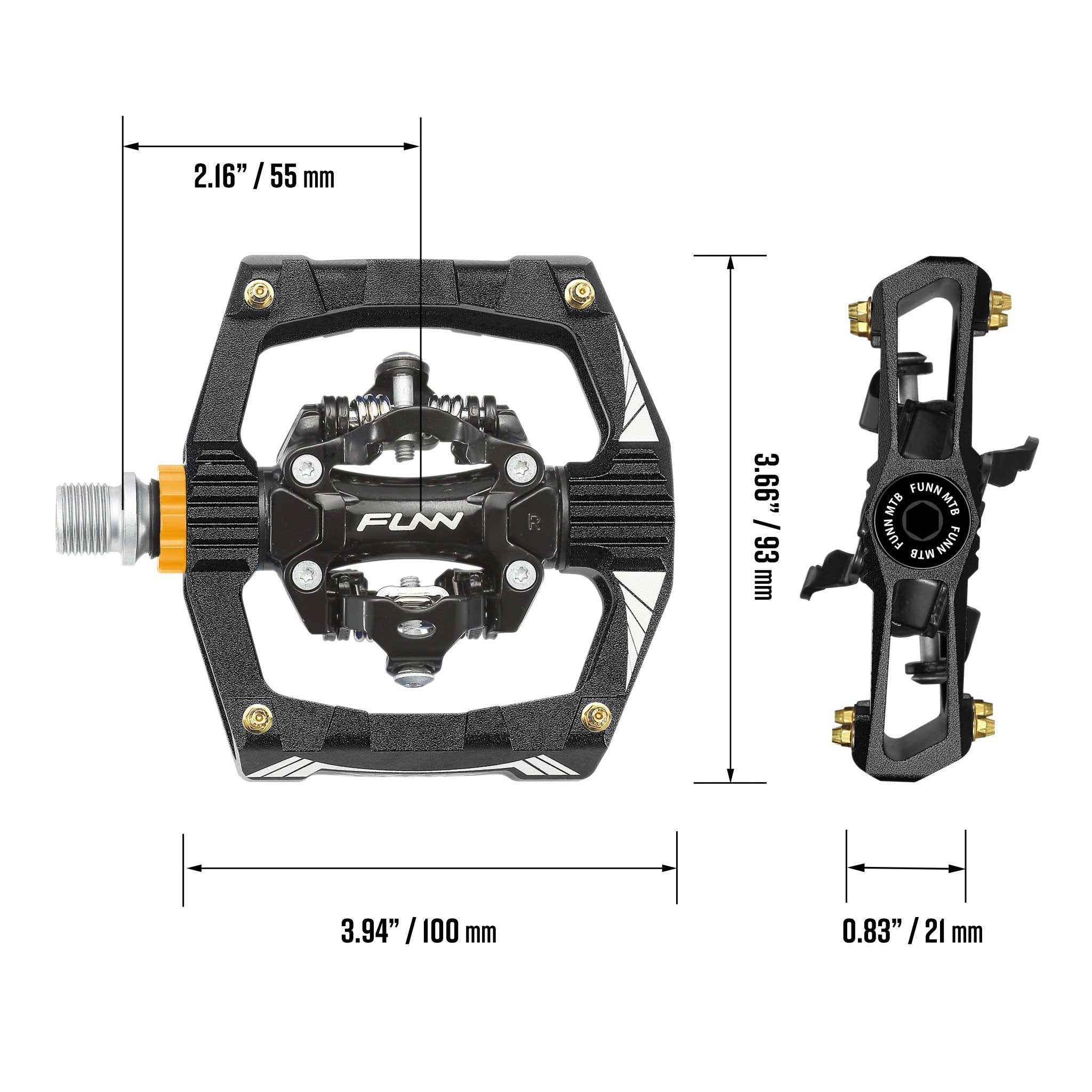 FUNN Ripper Clip-In Pedals, black alloy SPD-compatible MTB bike pedals with platform body and size measurements shown