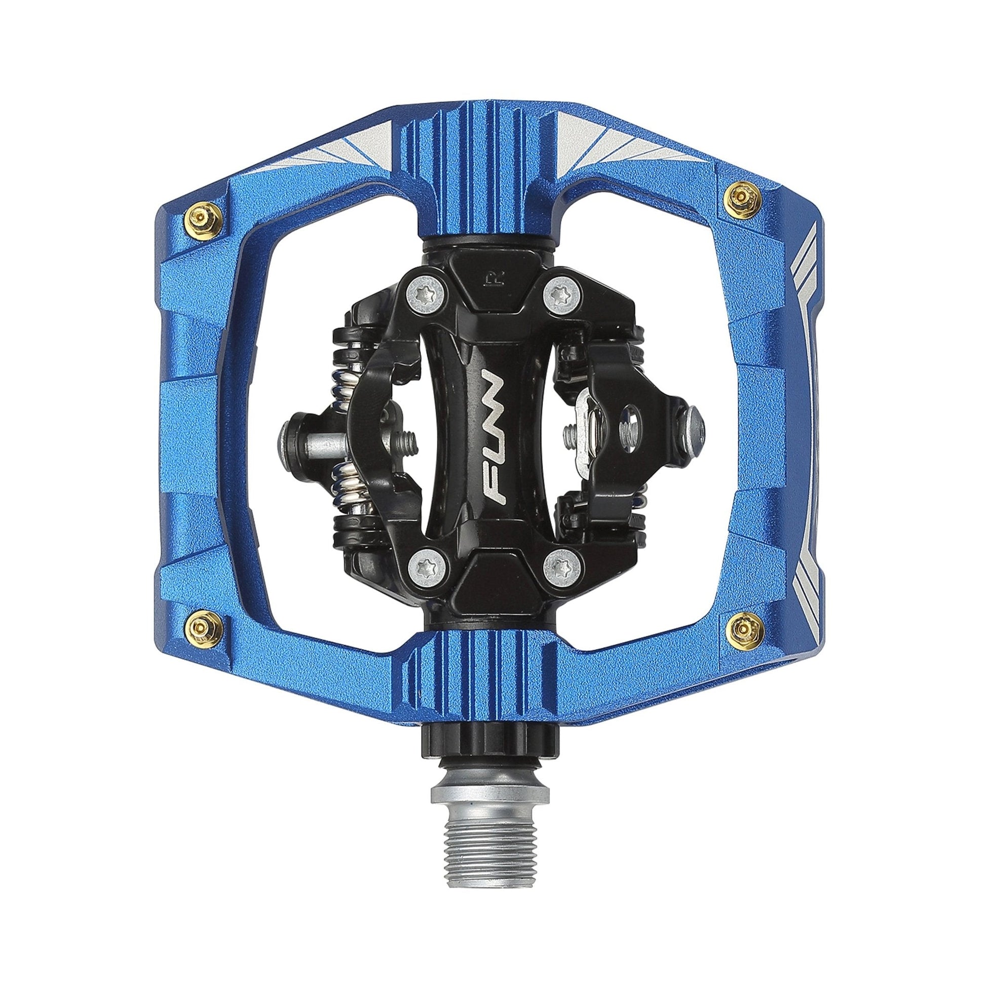 Funn mountain bike components - Ripper Clipless Pedals Blue in a white background.