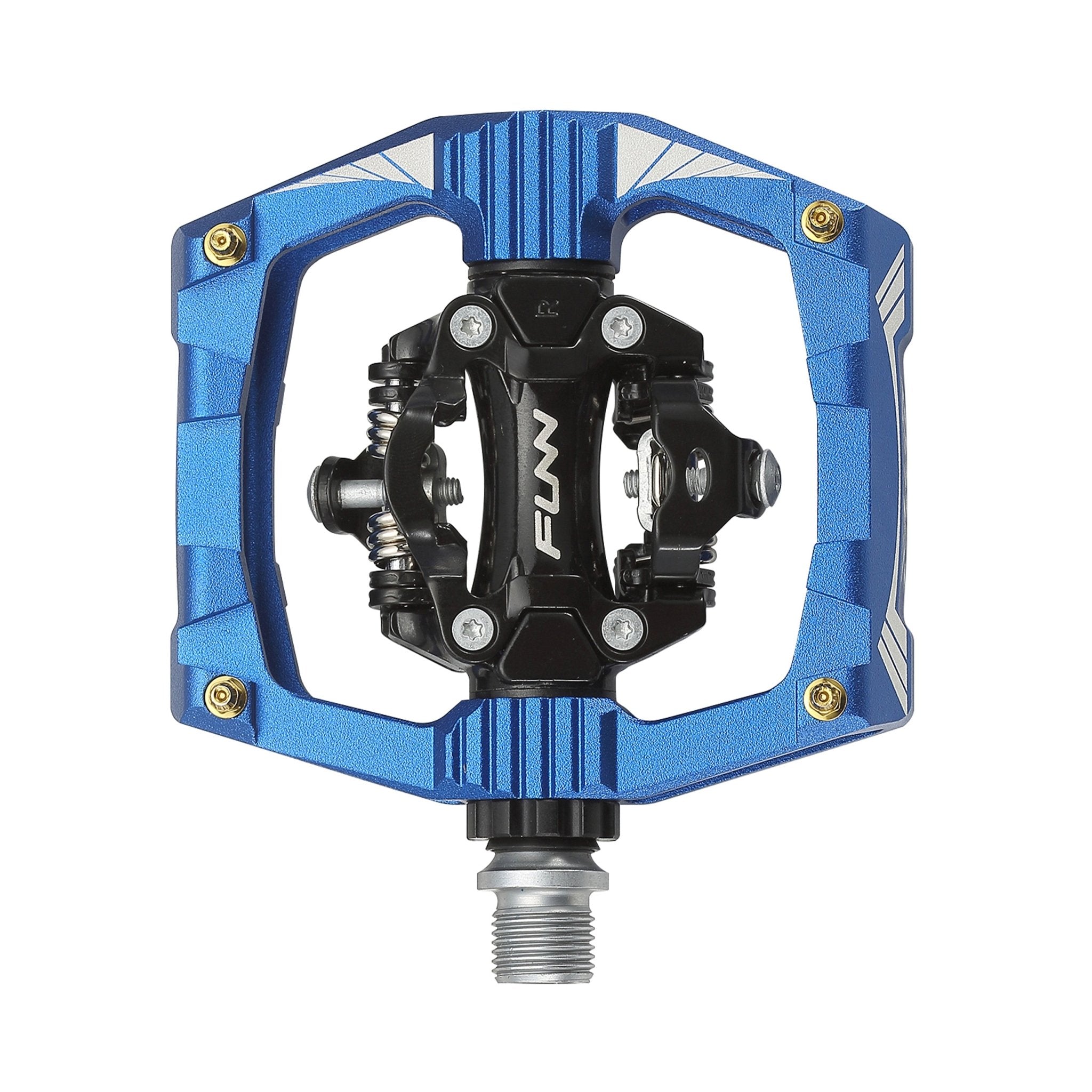 FUNN Ripper Clip-In Pedals, blue alloy SPD-compatible platform pedal with black clipless mechanism and silver spindle