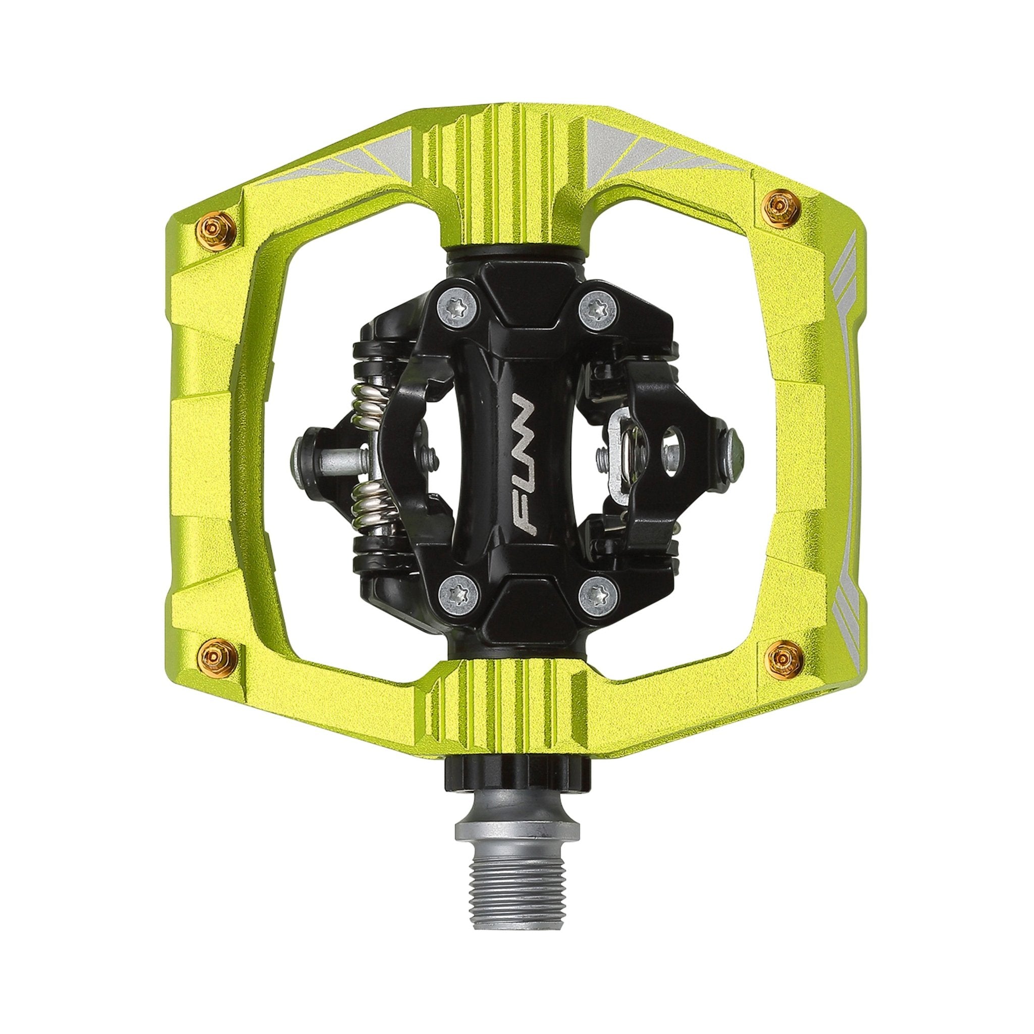FUNN Ripper Clip-In Pedals, lime green alloy body with black SPD mechanism and pins for secure mountain bike grip