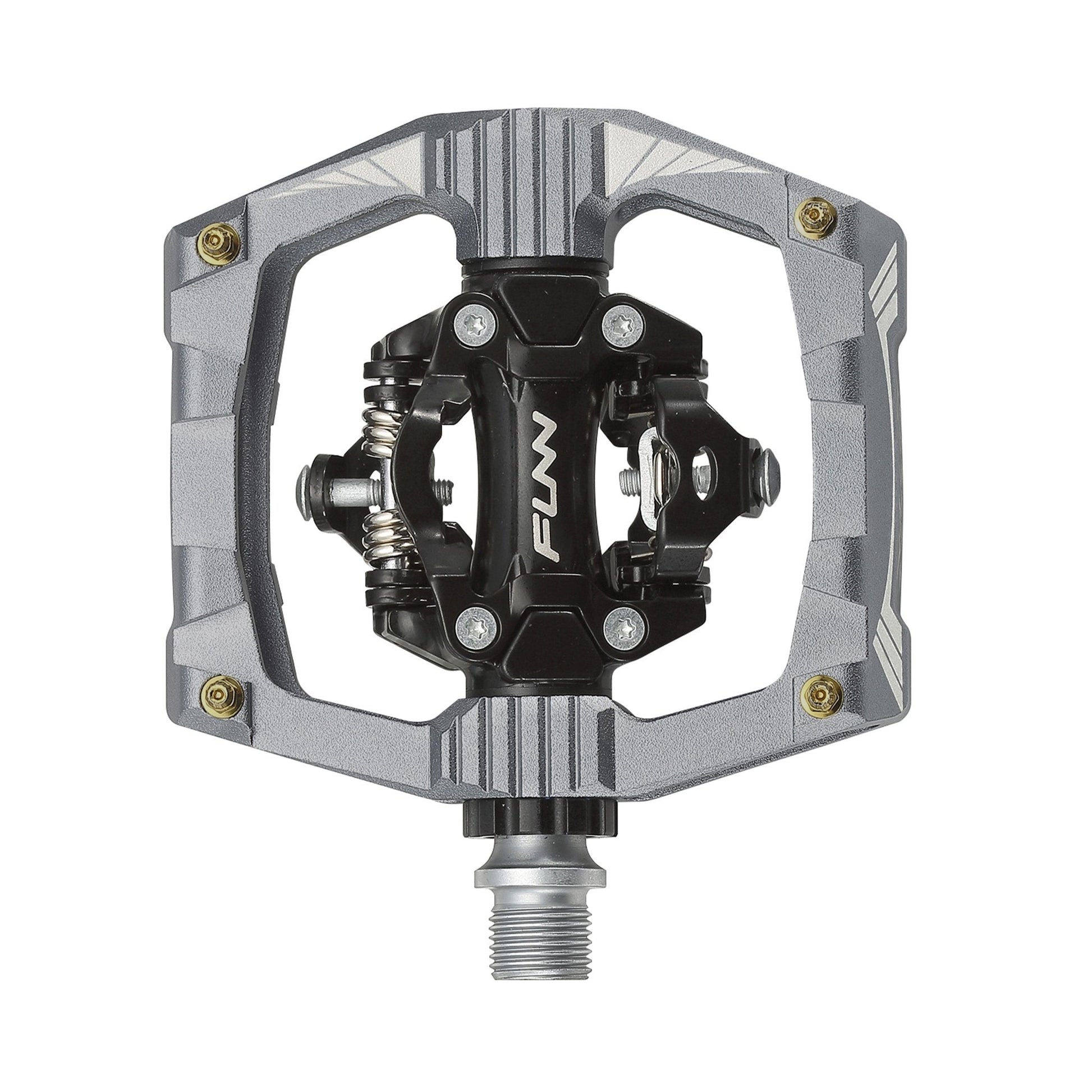 Funn mountain bike components - Ripper Clipless Pedals Grey in a white background.