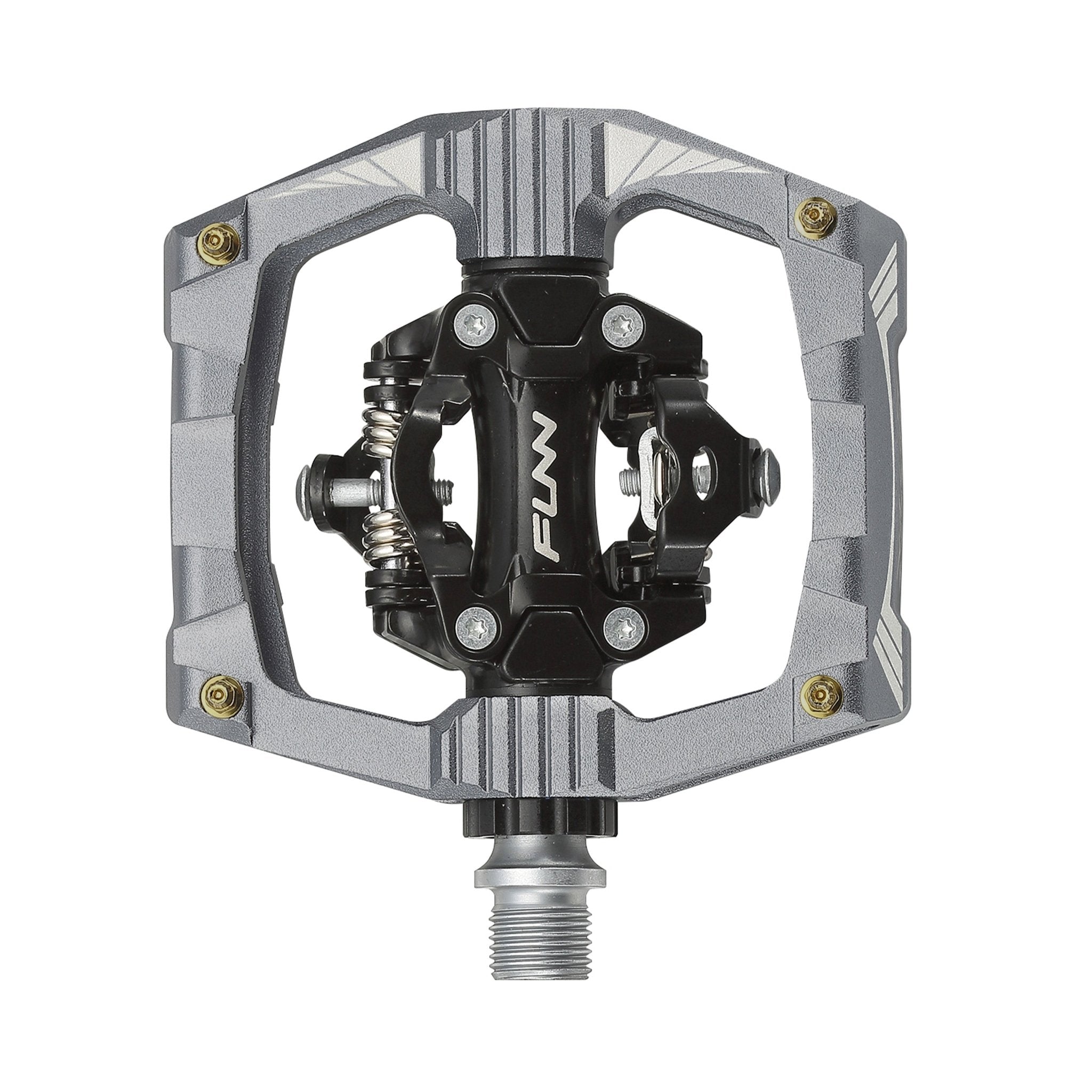 FUNN Ripper Clip-In Pedals, grey alloy platform with black SPD mechanism for secure MTB clipless cycling performance