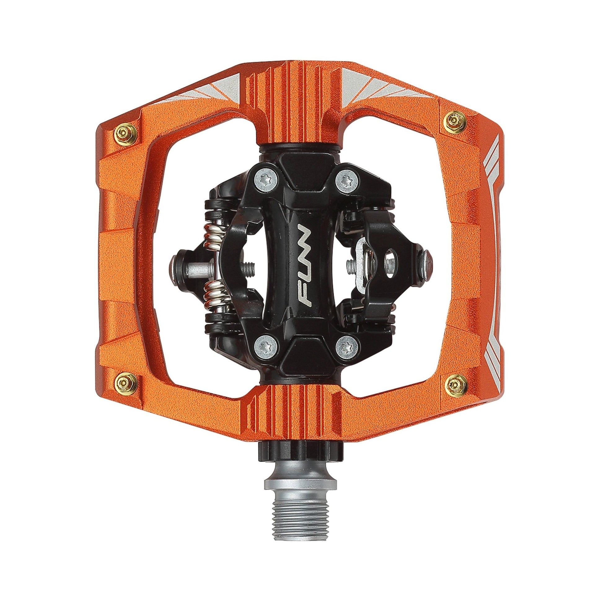 Funn mountain bike components - Ripper Clipless Pedals Orange in a white background.