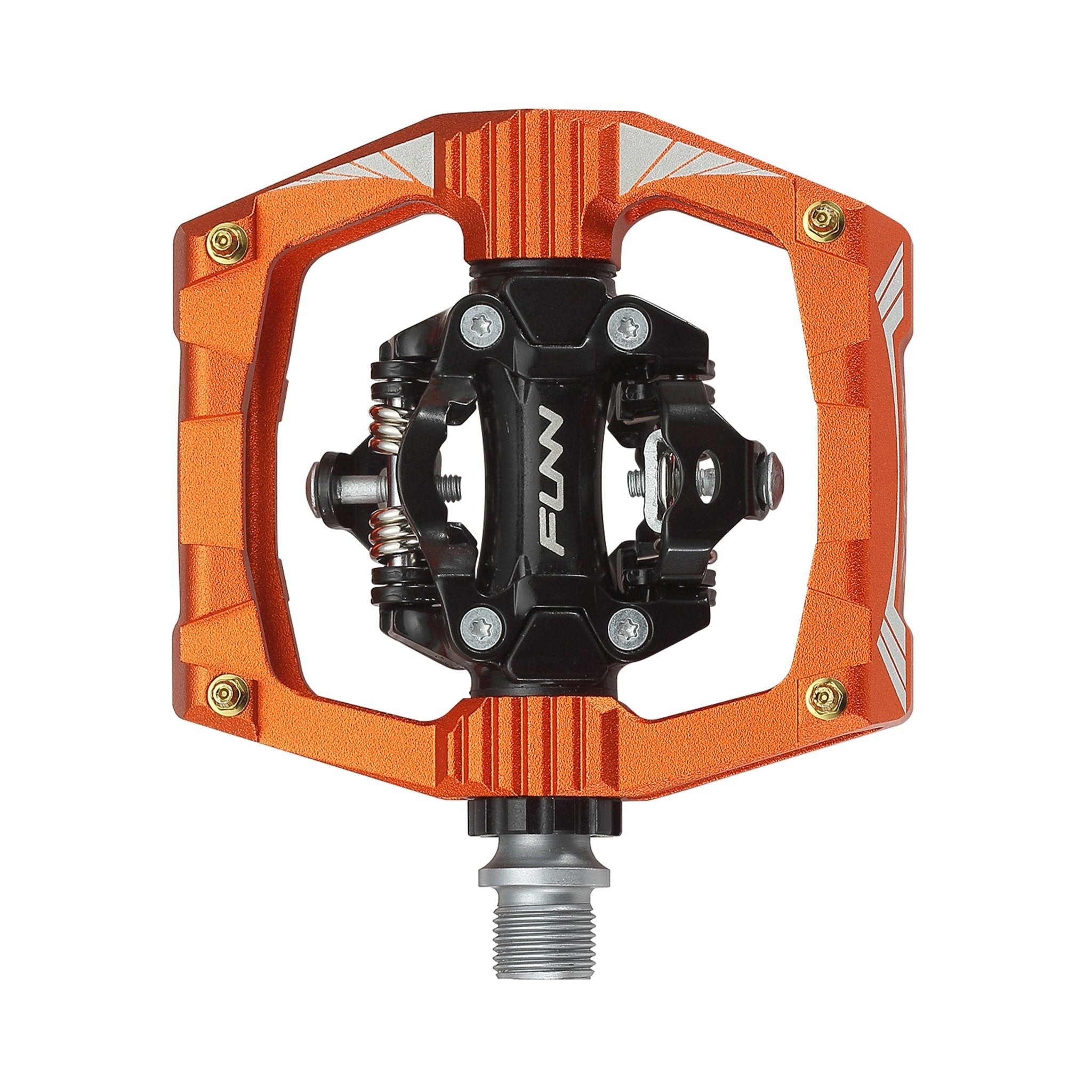 FUNN Ripper Clip-In Pedals, orange alloy platform with black SPD clipless mechanism for mountain bike control and durability